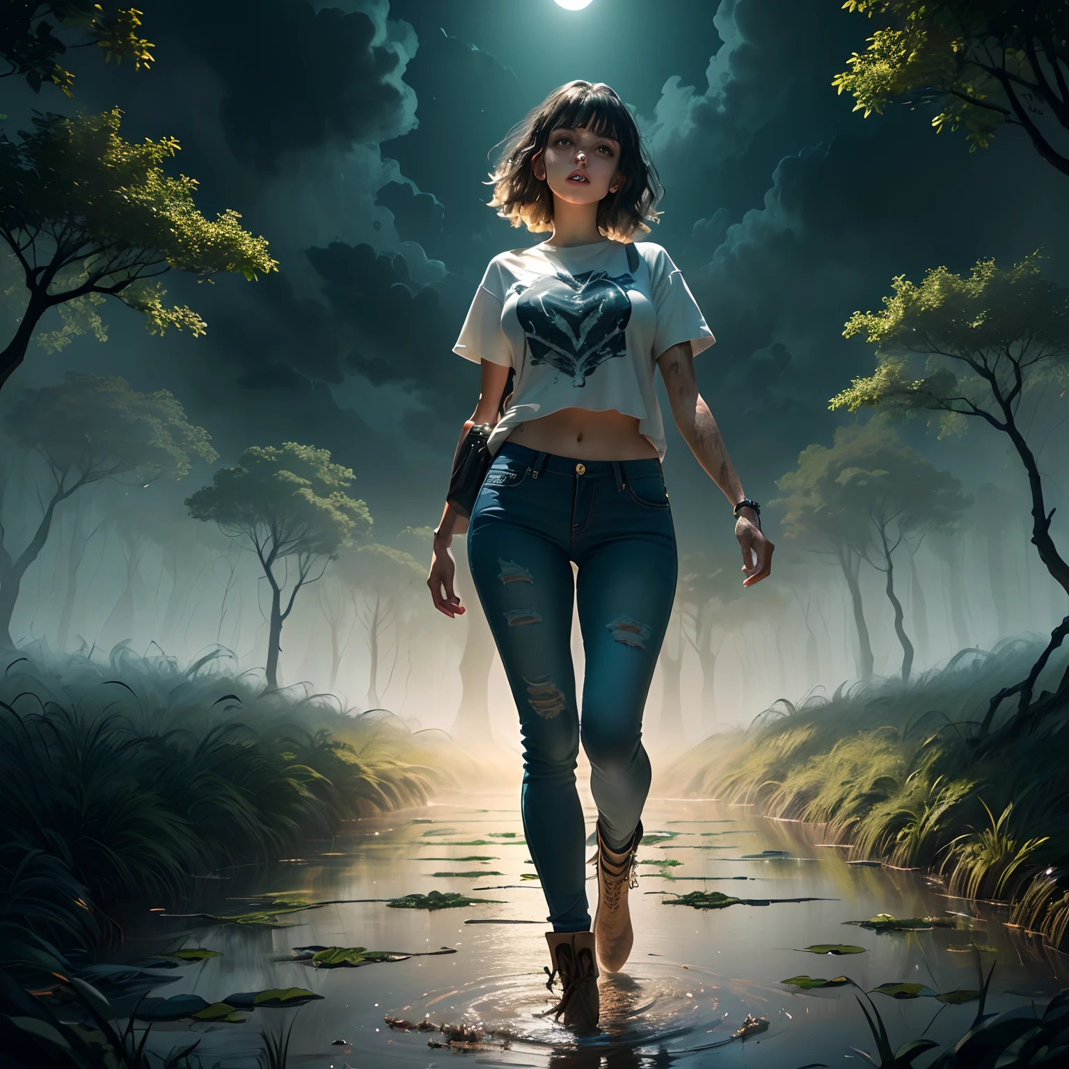 black sky, Noite Sinistra, Mulher lutando no escuro, At the bottom of a deep pit, drowning in a swamp. Standing in the mud. perigo. The surrounding forest is dense, sinistro e sombrio, casting strange shadows on the ground. impending doom. Lua, Hidden behind heavy dark clouds,,,,,,,,,,,,, (low stage lighting). The woman is thin, Your muscles clenched. her hair is messy, His face and clothes are stained with mud. Sua saia jeans, Camiseta e meias de renda, manchado com lama. Ela parece uma criatura de um filme de terror, Ela se viu presa em um ambiente sombrio e hostil, No hope of escape. ???????