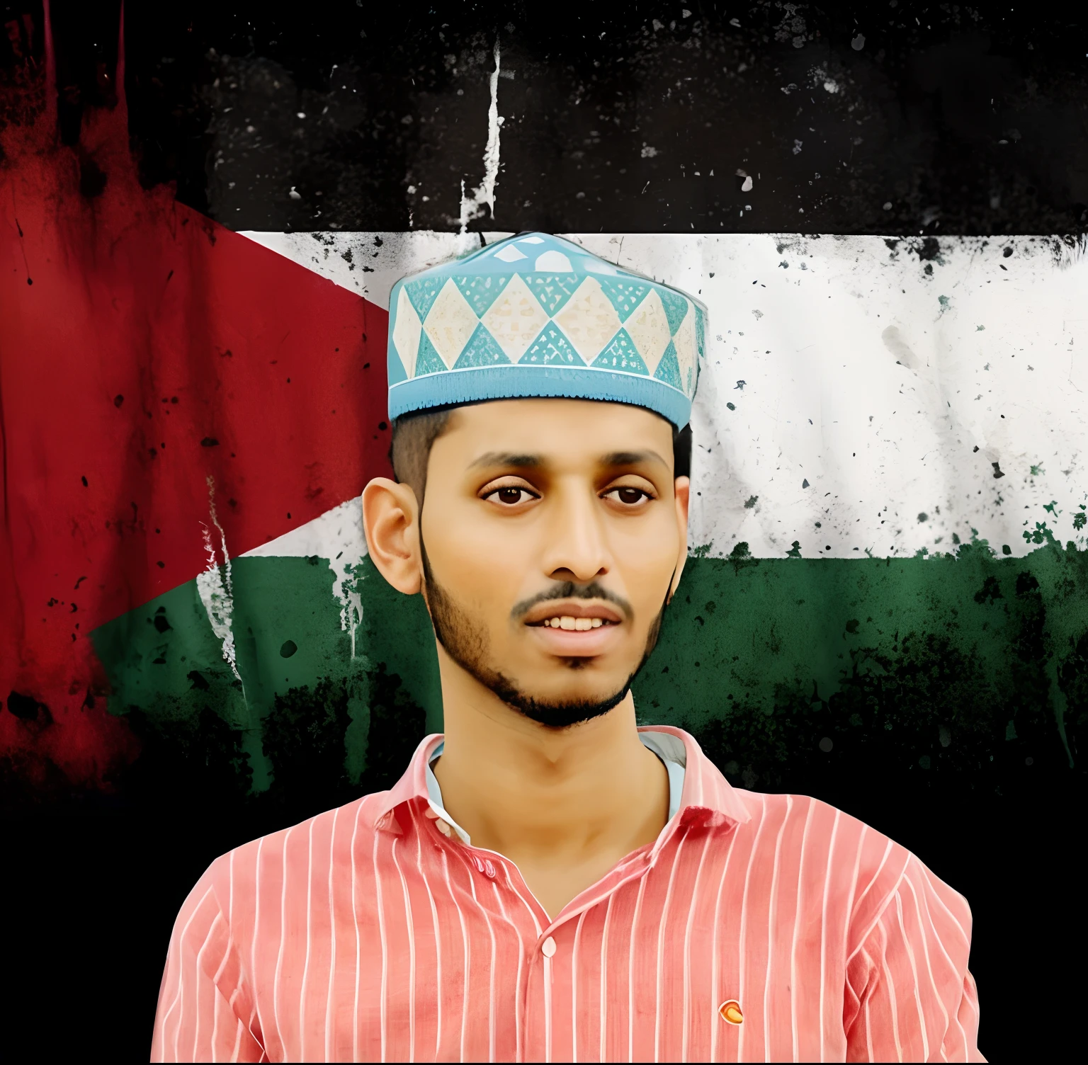 a man in a red shirt and a blue hat with a palestine flag on it, mohamed chahin, mohamed reda, riyahd cassiem, inspired by Abdullah Gërguri, shabab alizadeh, portrait of bedouin d&d, maximus jacobs, inspired by Sheikh Hamdullah, inspired by Ahmed Yacoubi extremy make cgi