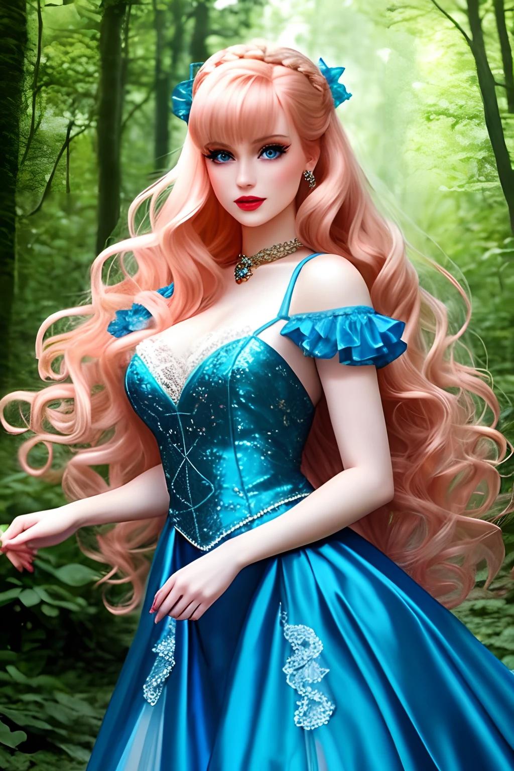 Gorgeous vampire barbie dancing in the forest, with very pale skin, sparkling blue eyes, wavy peach hair, lace dress, fantasy, film grain, UHD, masterpiece, anatomically correct, super detail, best quality, haunted forest,