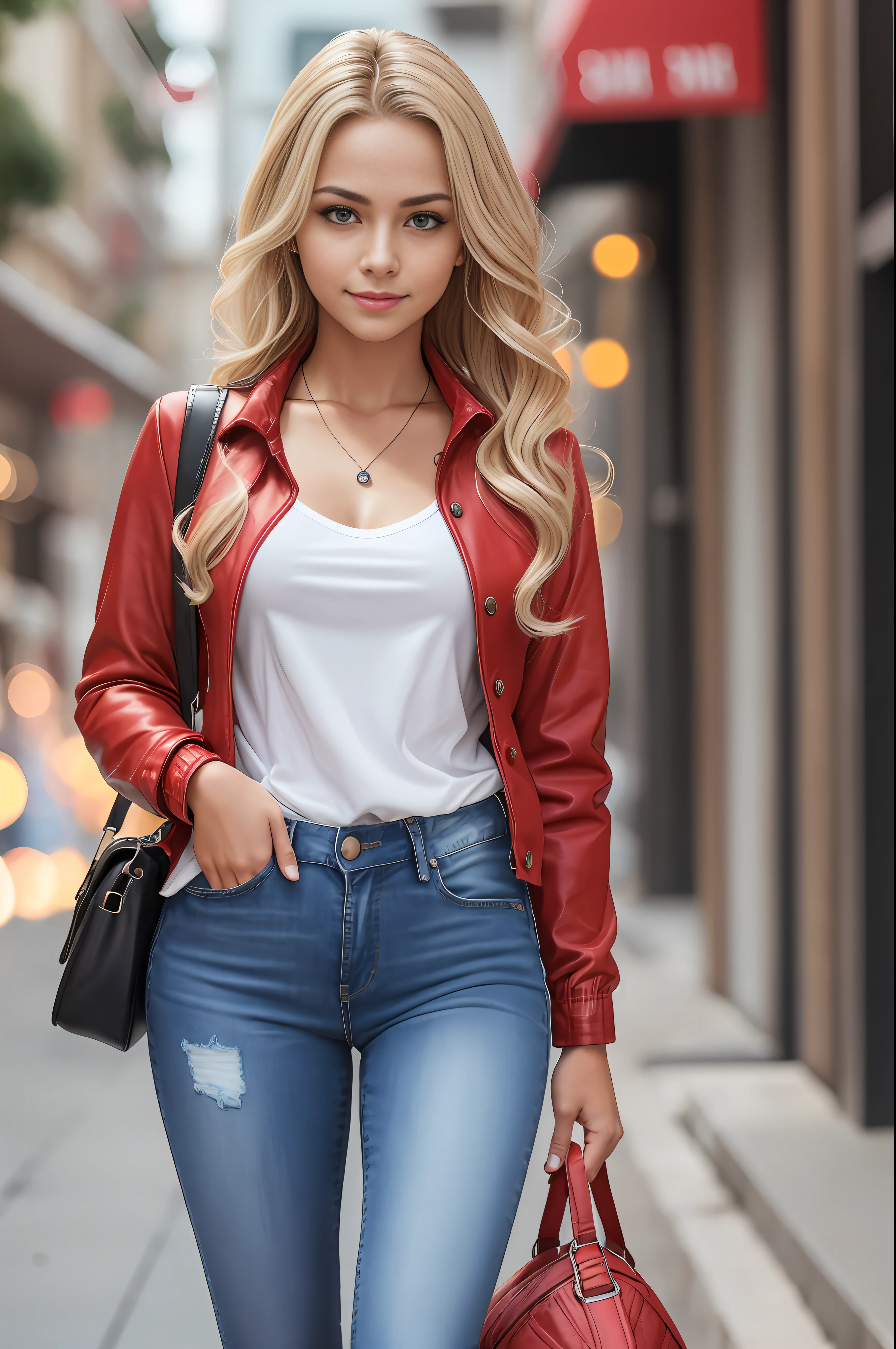 absurdres, RAW photo, highest quality, (masterpiece: 1.3), high detail RAW color photo, professional photo, extremely detailed CG 8k wallpaper unit, photo-realistic, realistic, RAW photo, masterpiece, best quality, highres,
1girl, 19 YEARS old, white, blonde hair, wavy, Average length, random hairstyle, beautiful body, thin legs, perfect beautiful face, beautiful light brown realistic eyes, fair skin, detailed skin texture, natural very small breasts. Smile. She looks amazing. (red jacket, blouse and jeans, simple design). walking the streets of São Paulo.