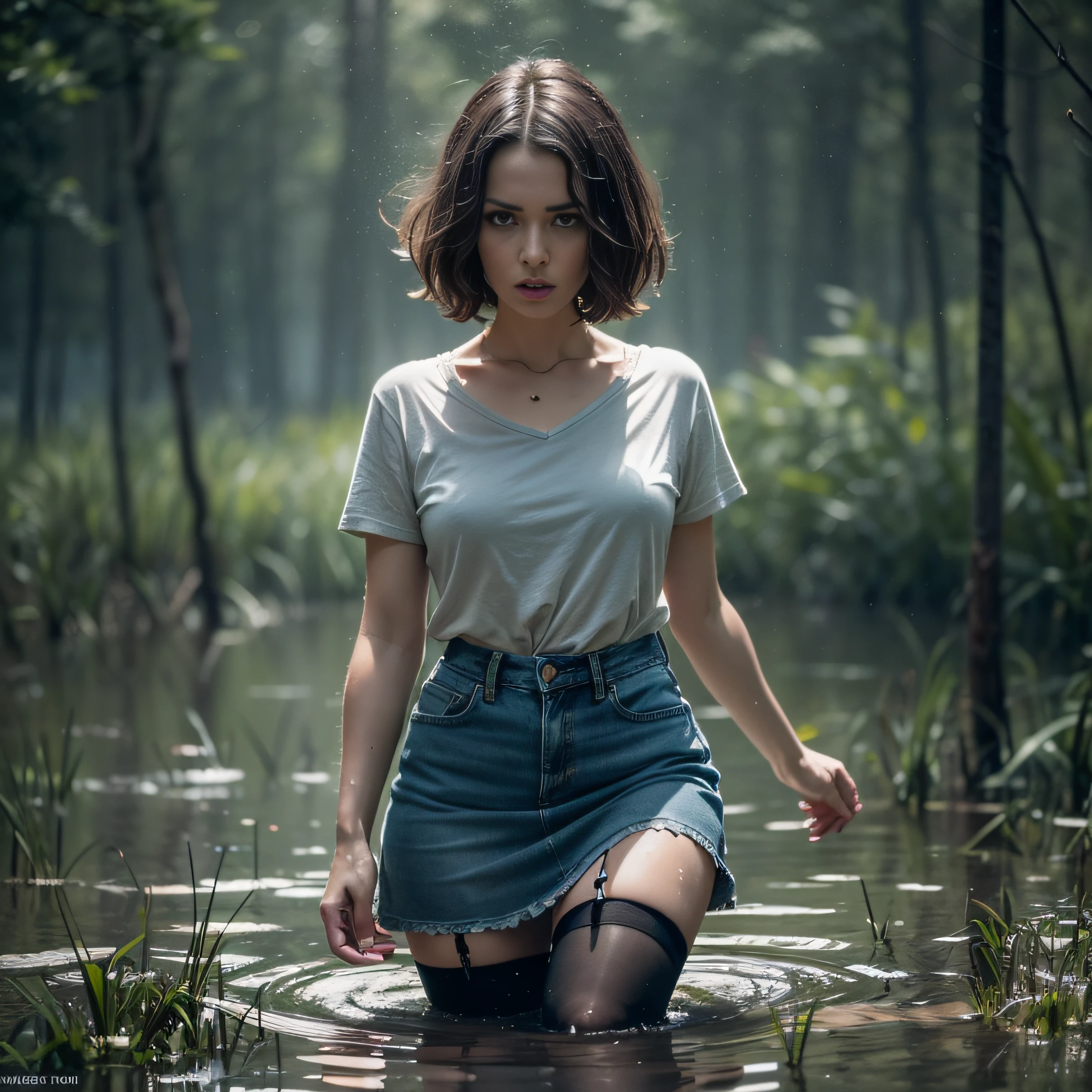 "(Best Quality,hight resolution:1.2),The woman, Sophisticated,elongated face,gray eyes,Expressive wrinkles,Bob haircut,Short denim skirt,tshirt,dark lace stockings with garters, standingn, ( drowning in a swamp:1.2),long eyelashes,expression of despair,Dark and moody lighting, terror. The pose expresses panic and awkwardness."
