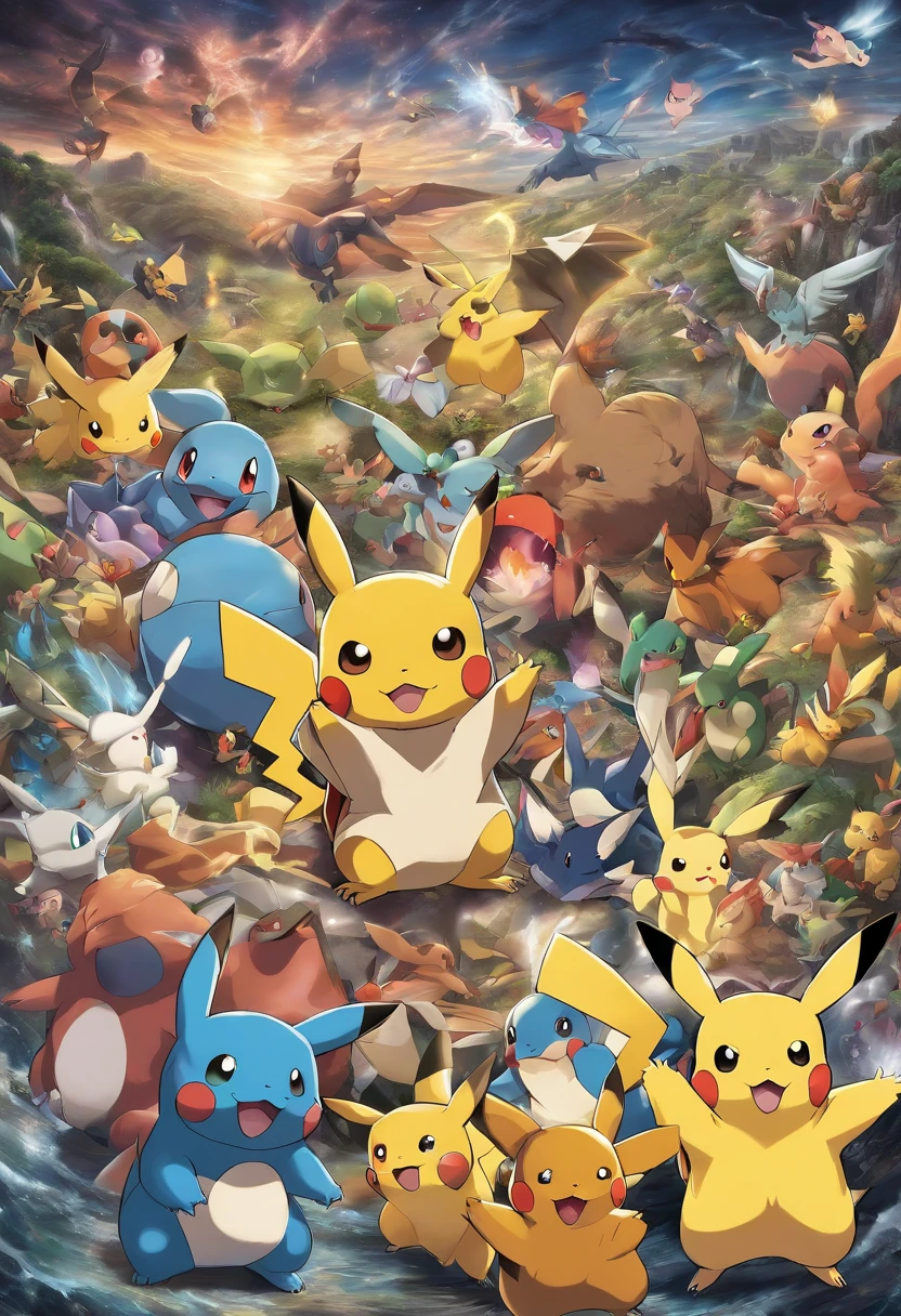 pokemon poster with all the characters of the anime series in the center of it pikachu and as