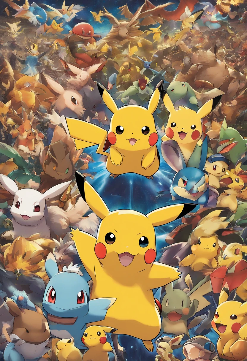 pokemon poster with all the characters of the anime series in the center of it pikachu and as
