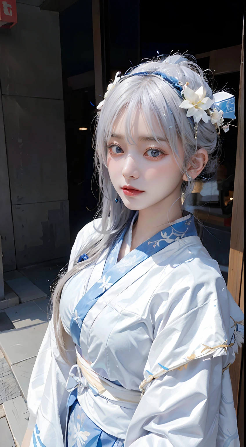 Transcendent beautiful girl with white hair and blue eyes、Stand dressed as a Japan samurai。Her white hair flutters in the wind、Blue eyes have a sharp gaze。She wears a traditional samurai costume.、A bright kimono and helmet accentuate its majesty.。The helmet is decorated with silver ornaments.、I have a sword。She has the spirit of bushido.、It expresses elegance and strength at the same time。Her presence is、Symbolizes the pride and beauty of the samurai、It makes you feel the fusion of history and modernity.。