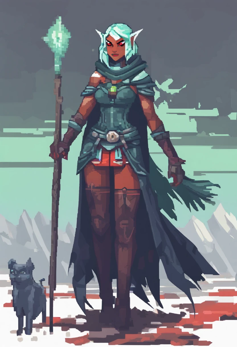 Solo female drow elf ranger, dark gray skin, mint green hair, red eyes, front view, looking at the observer with a frown, drawing back a bow, perspective, swamp witch