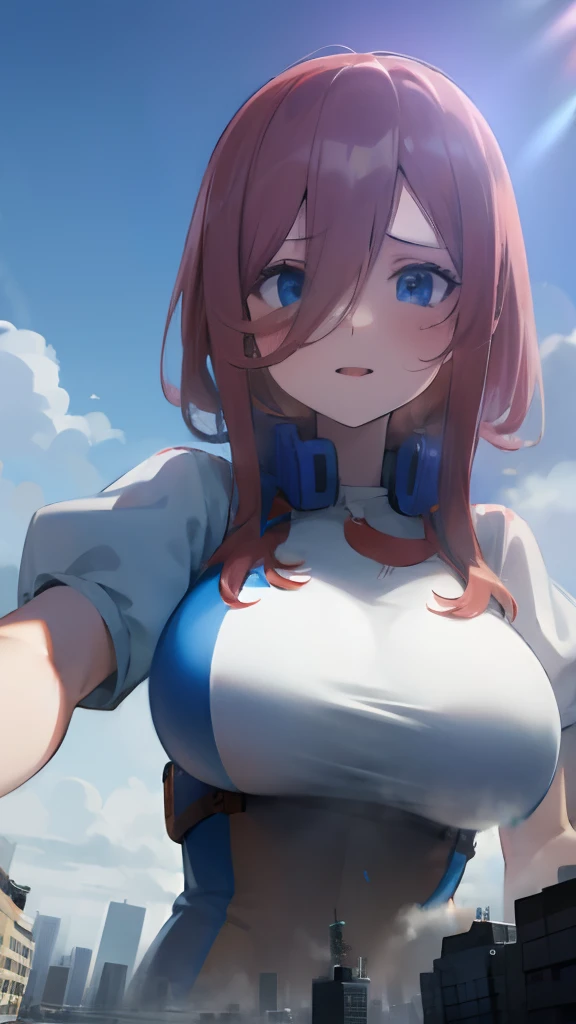 huge breast, city in the background