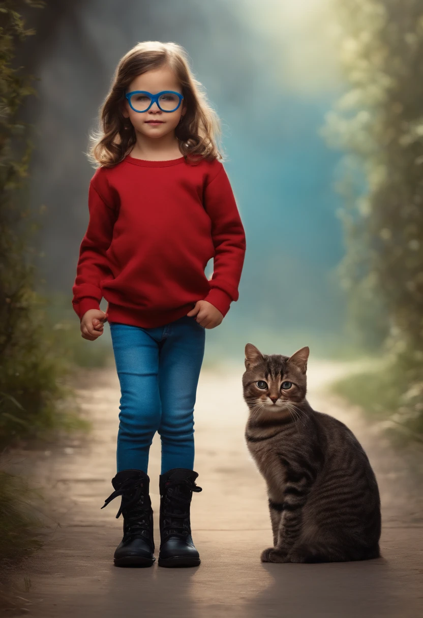 A small petite 6 year old girl with messy brown medium length hair wearing black and red glasses with a sky blue sweatshirt depicting a drawing of a cat with light colored blue jeans and black combat boots