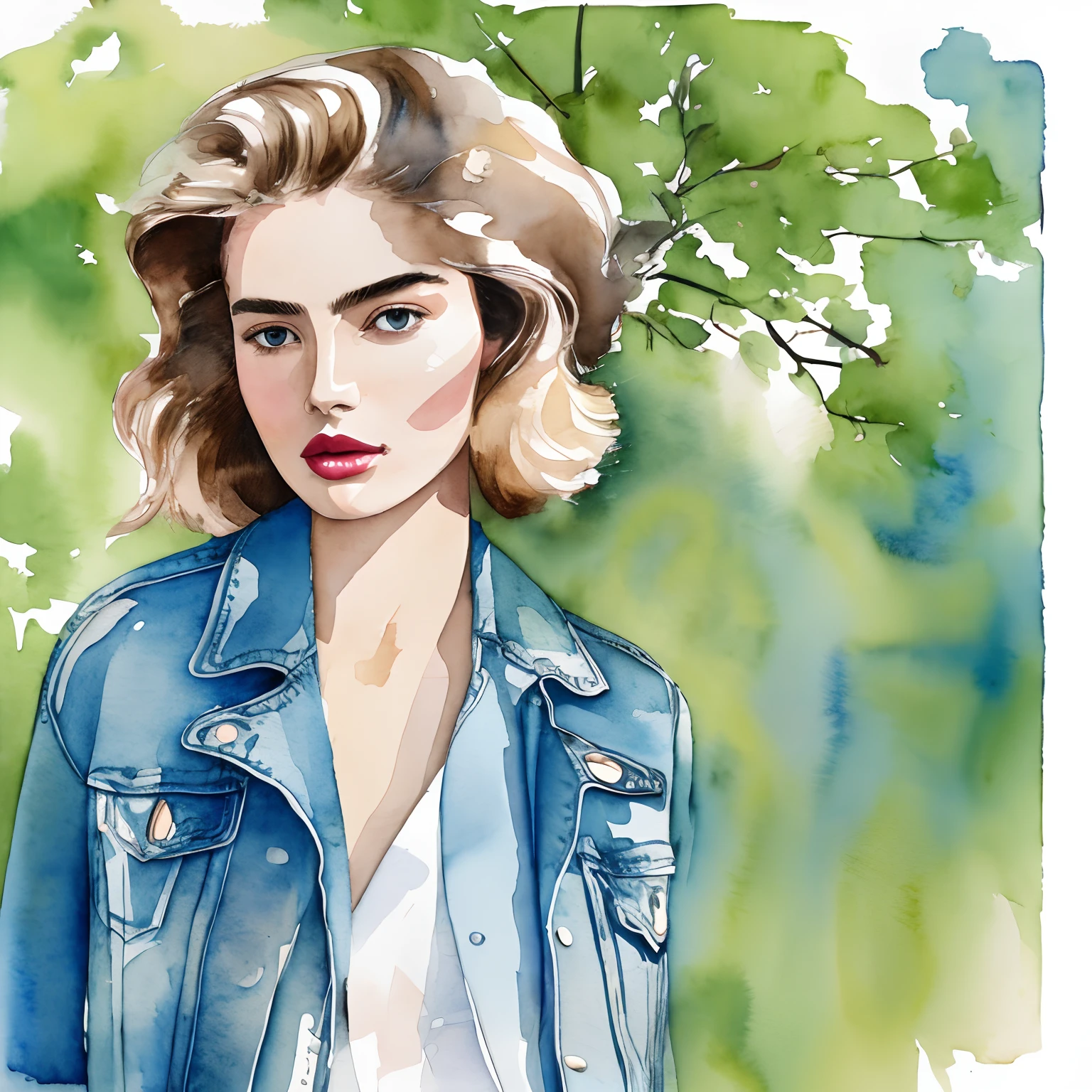 Kasiq Jungwoo fashion illustration, David Downton watercolor drawing, light brown blonde bob hair 1woman, andreea diaconu, blue eyes, rose color lipstick, blue denim jacket, street, green tree, bokeh, light and shadow, watercolor paper texture