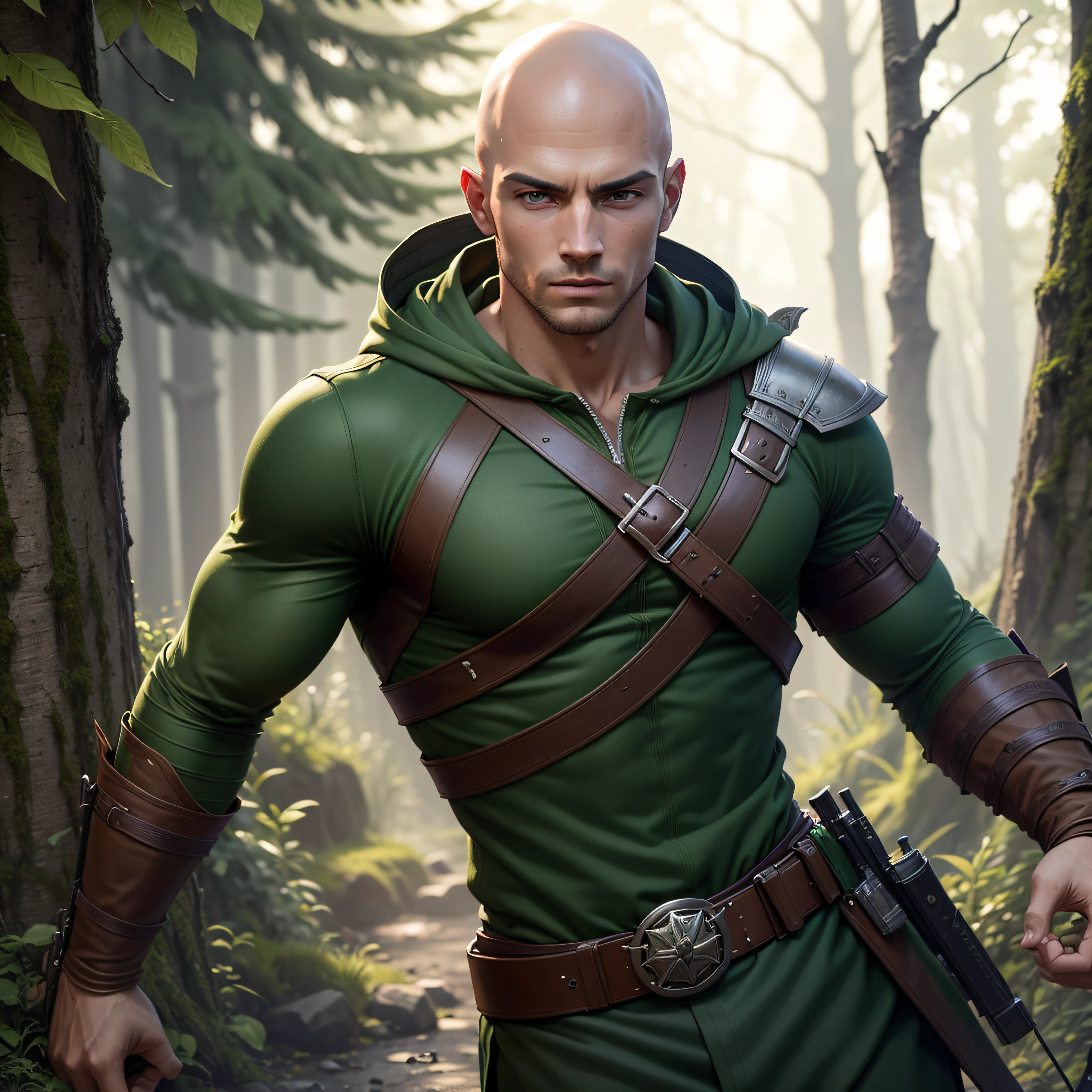 Robin hood like uniformed forest warrior, Young athletic man, with an attractive and striking appearance, muscular, bald head, green eyes, handsome male, photo-realistic, octane render, unreal engine, ultra-realistic