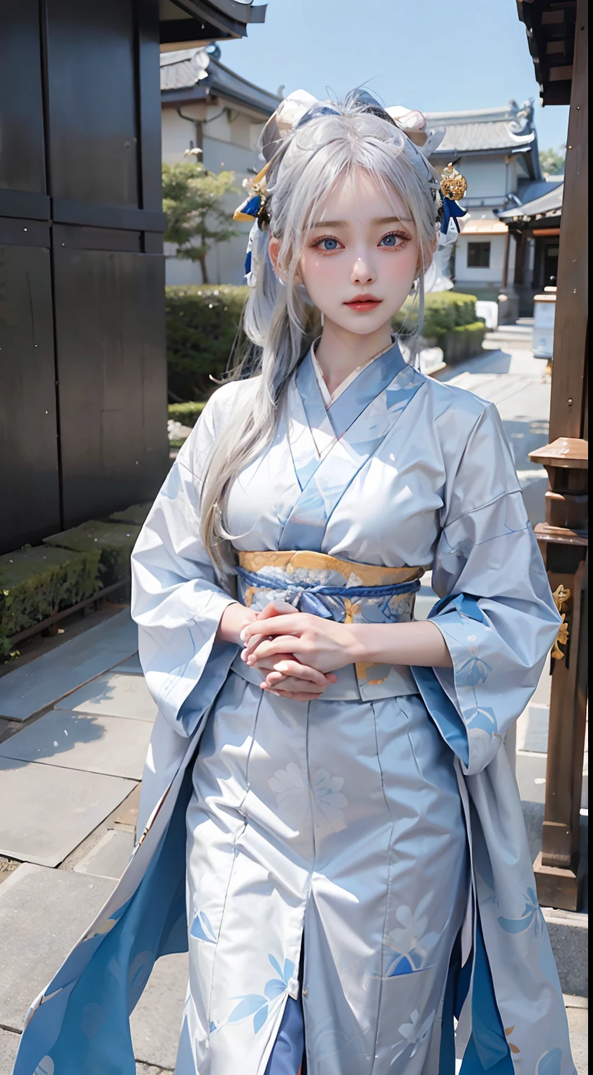 Transcendent beautiful girl with white hair and blue eyes、Stand dressed as a Japan samurai。Her white hair flutters in the wind、Blue eyes have a sharp gaze。She wears a traditional samurai costume.、A bright kimono and helmet accentuate its majesty.。The helmet is decorated with silver ornaments.、I have a sword。She has the spirit of bushido.、It expresses elegance and strength at the same time。Her presence is、Symbolizes the pride and beauty of the samurai、It makes you feel the fusion of history and modernity.。