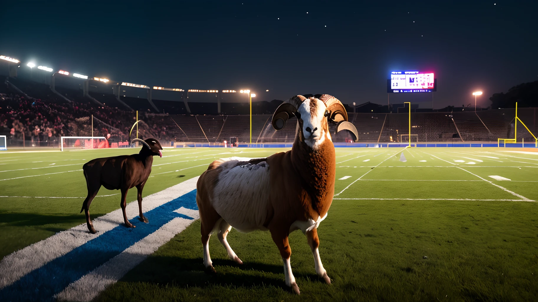 A ram standing over a dead hawk on a highschool football field at nighttime (NO PEOPLE)