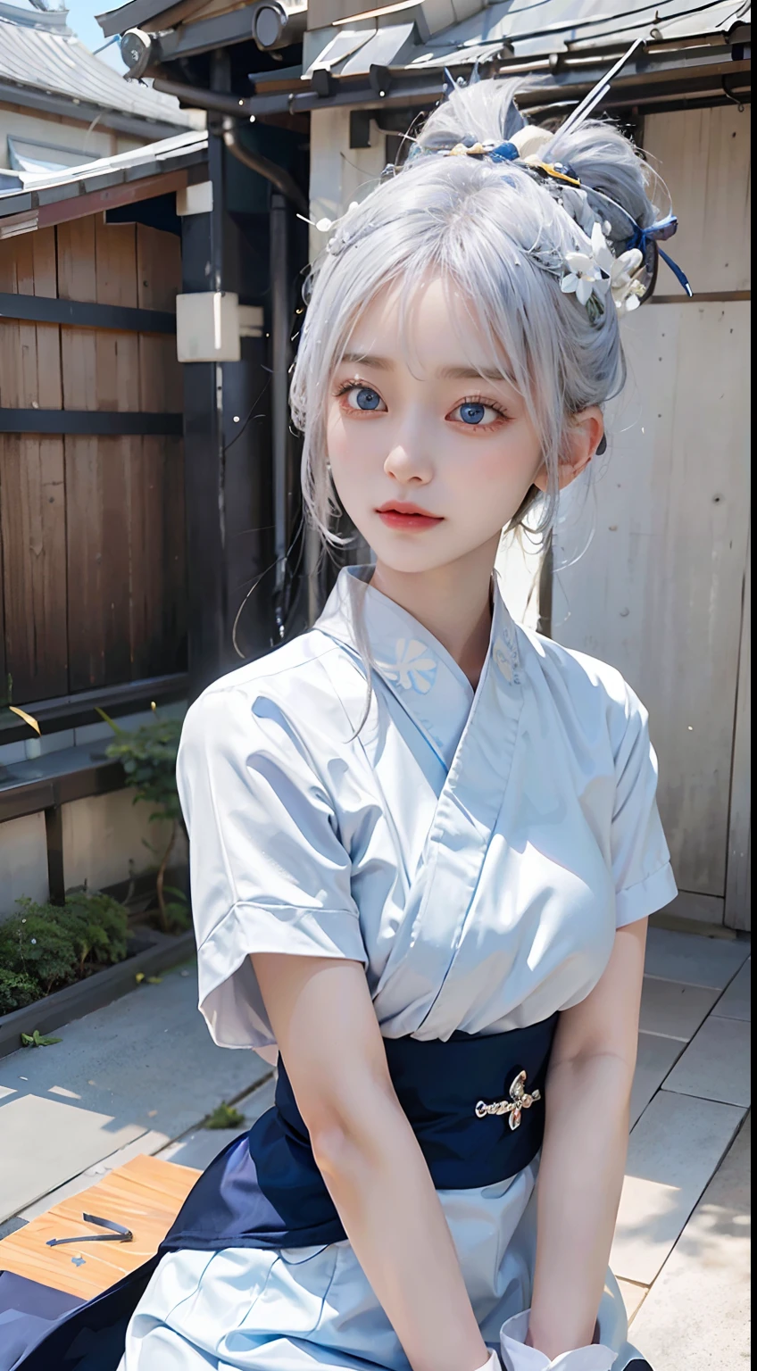 Transcendent beautiful girl with white hair and blue eyes、Stand dressed as a Japan samurai。Her white hair flutters in the wind、Blue eyes have a sharp gaze。She wears a traditional samurai costume.、A bright kimono and helmet accentuate its majesty.。The helmet is decorated with silver ornaments.、I have a sword。She has the spirit of bushido.、It expresses elegance and strength at the same time。Her presence is、Symbolizes the pride and beauty of the samurai、It makes you feel the fusion of history and modernity.。