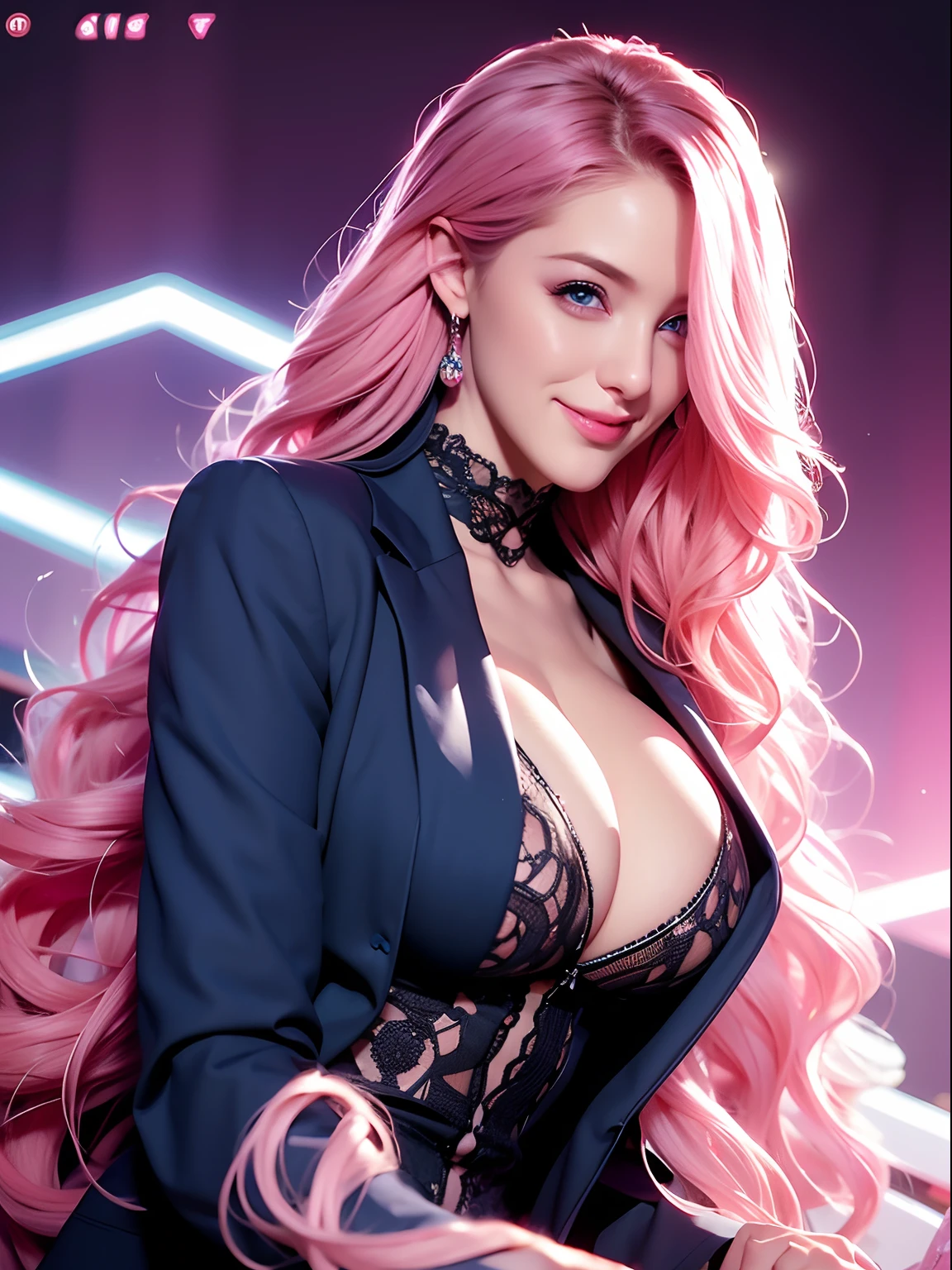 Woman, long curly hair, pink hair, blue eyes, suit, woman in suit, sexy, Black Suit, sexy, sensual, bright eyes, side smile, cleavage