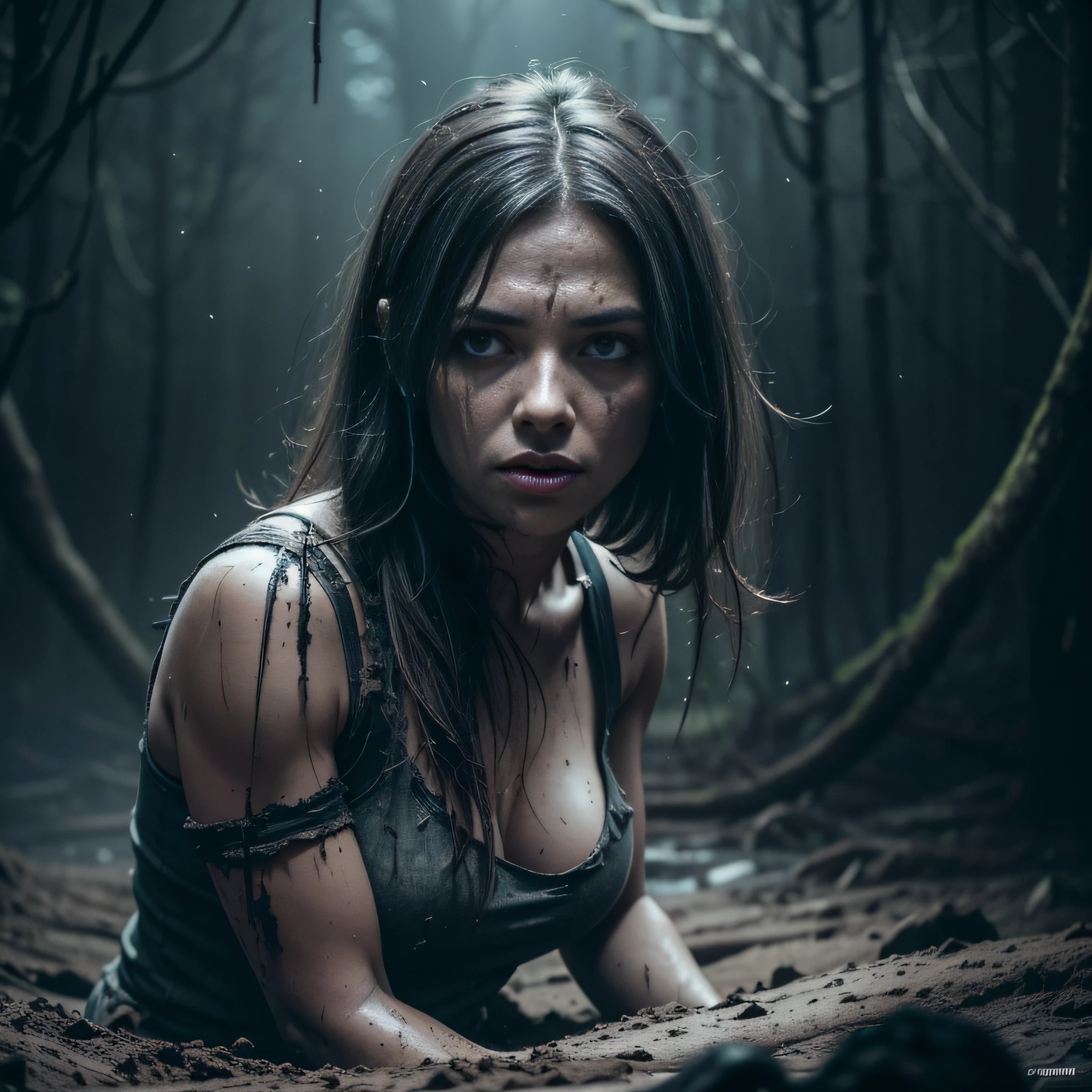 Black Sky, Sinister Night, Woman wrestling in the dark, At the bottom of a deep pit, drowning in a swamp. (standingn). Danger. The surrounding forest is dense, Sinister and gloomy, Casting strange shadows on the ground. Impending Doom. luna, Hidden behind heavy black clouds,,,,,,,,,,,,,,,, (Low Stage Lighting). The woman is emaciated, Her muscles cramped. her hair is messy, Her face and clothes are stained with mud. Her denim skirt, T-shirt and lace stockings, Stained with mud. She looks like a creature from a horror movie, She found herself trapped in a dark and hostile environment with no hope of escape, seducing, (Kissing your mistress for the last time)