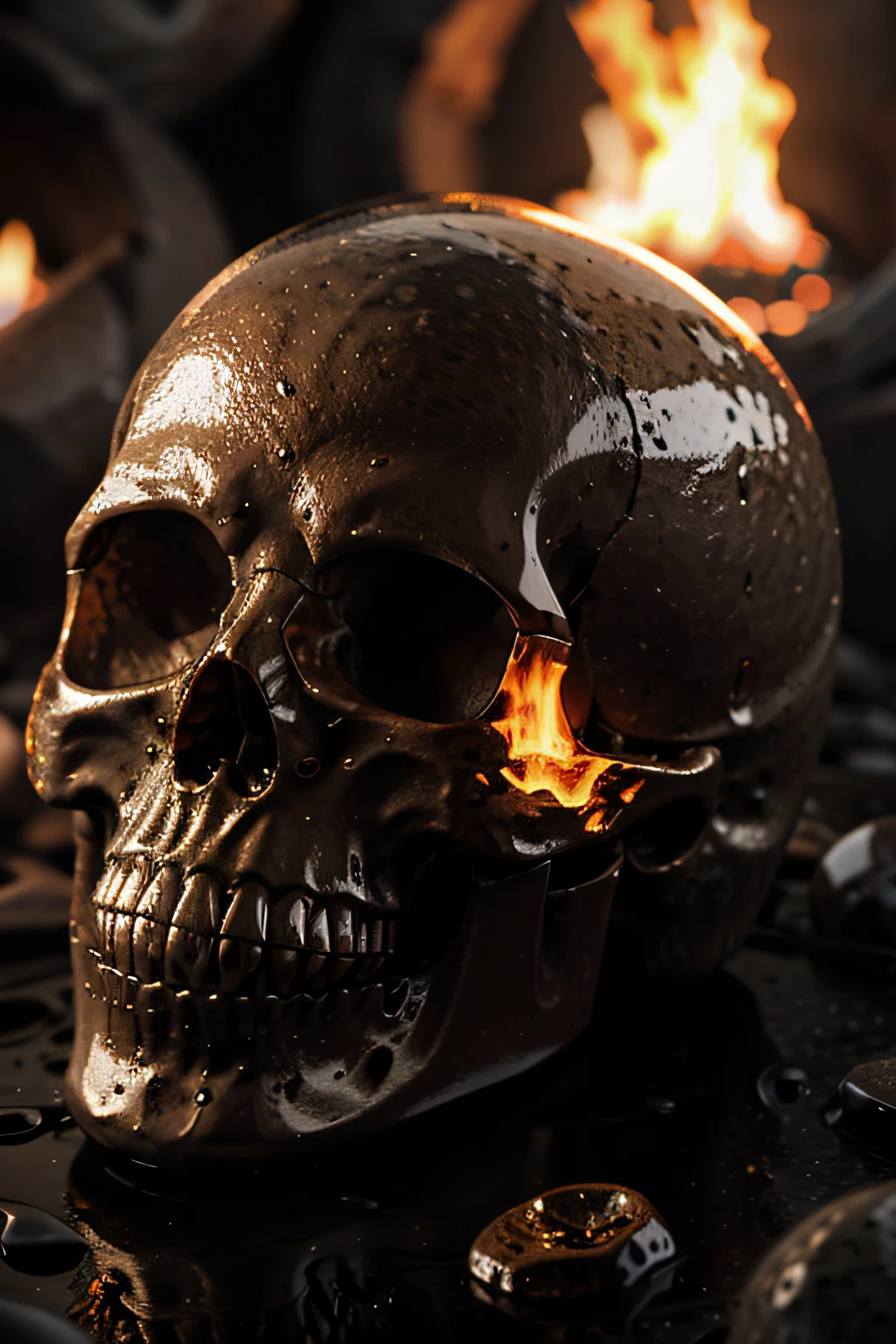 A magnificent and detailed glass skull that melts in the heat of the lava flowing over it