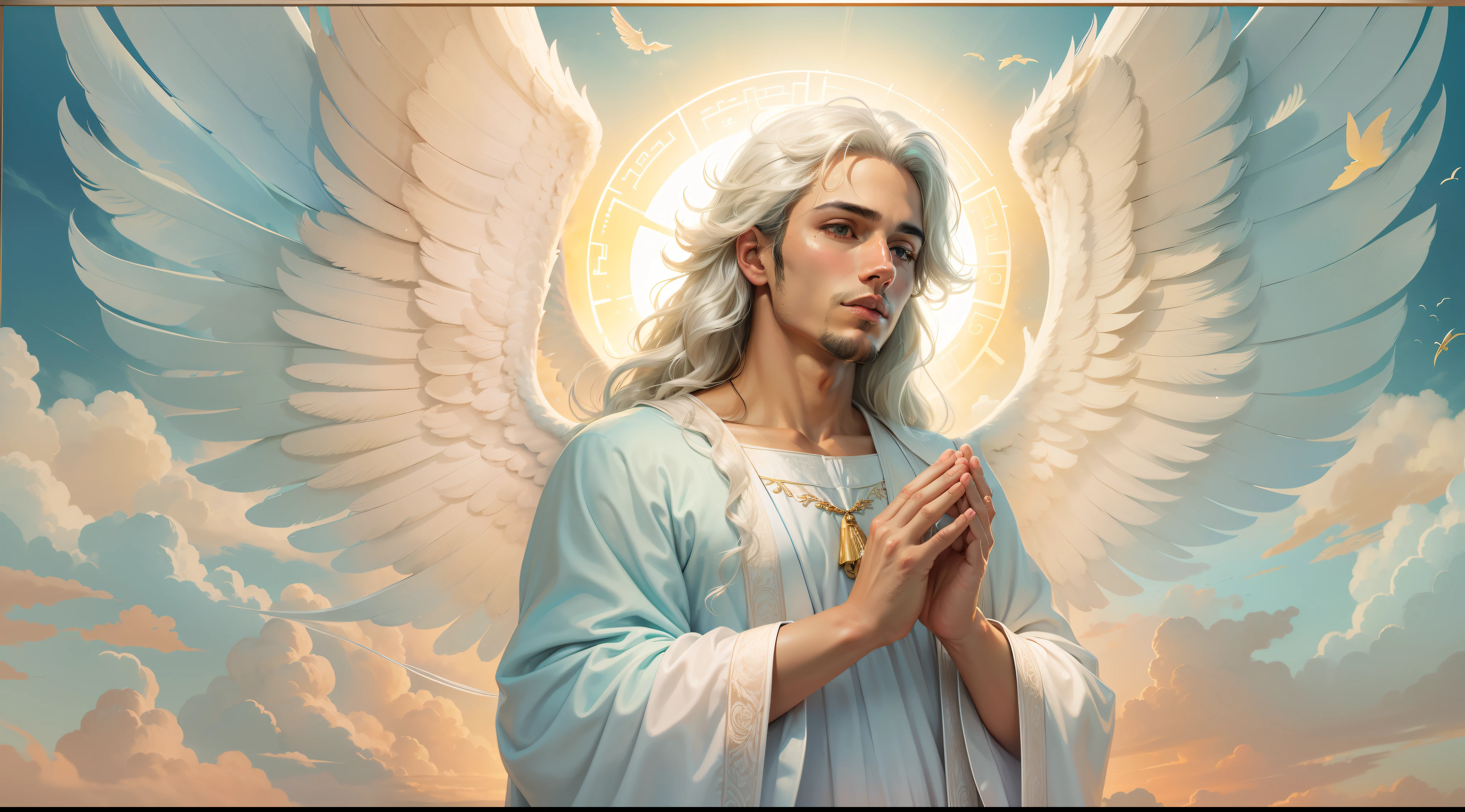 An angel with white hair and blue wings is praying, anjo biblicamente acuado, Retrato de um anjo bonito, cheio de pinturas de anjos, anjo bonito, de anjo lindo, majestoso homem de santo, finely detailed angelic face, angelic, anjo biblicamente preciso, angelic, anjo masculino bonito, KING of Heaven, biblical accurate angel, angelic features, Scenery sky and clouds