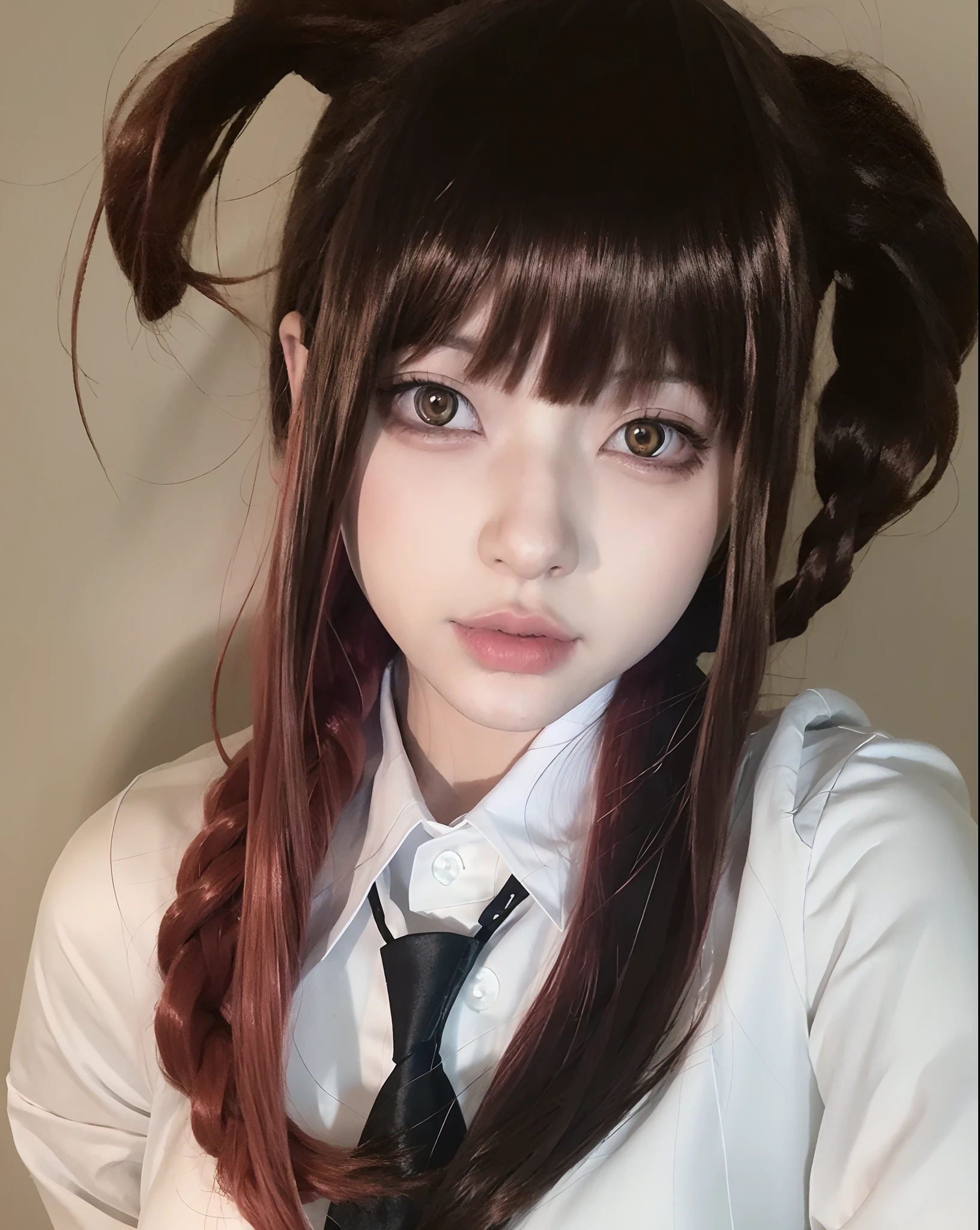 There's a woman with a tie and white shirt, rabo de porco colorido, Ulzzang, kawaii retrato realista, Menina anime na vida real, penteado twintails, com rabo-de-porco preto, 1 7 -  - old me goth girl, cruel korean goth girl, cabelo rosa twintail e olhos cianos, Sakimichan, menina anime jovem realista