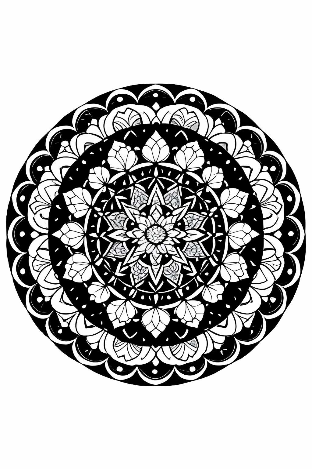 coloring book、a Mandala、roses、black-and-white、illustratio、White background