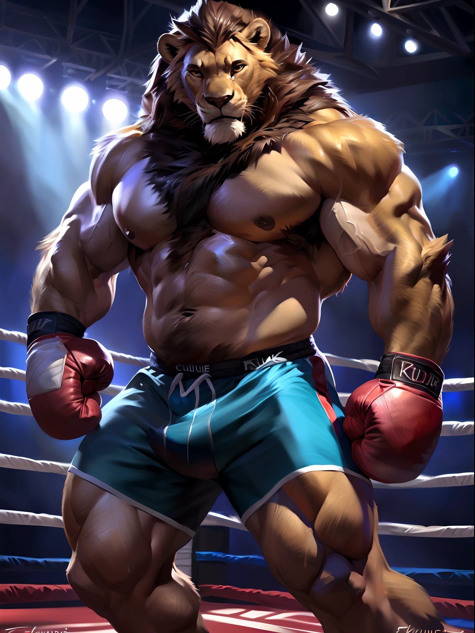 fooound it:   muscular anthro lion wearing boxing gloves. 4k, high resolution, best quality, perfect colors, perfect shadows, perfect lighting, posted on e621, furry body, solo, anthro lion, mane, body hair, older, male, adult, masculine, (heavily muscular, large muscles buff:1.2), bare torso, correct anatomy, (photorealistic fur, detailed fur, epic, masterpiece:1.2), (detailed gym background, nighttime), sexy shadows, (by Taran Fiddler, by Chunie, by Kusunagi, Bonifasko lighting), (boxing shorts:1.2), (detailed eyes:1.2), sweaty, sweat, shiny fur, posing for the camera, bodybuilder, confident, large muscles, sexy, full body, boxing gloves, serious facial expression