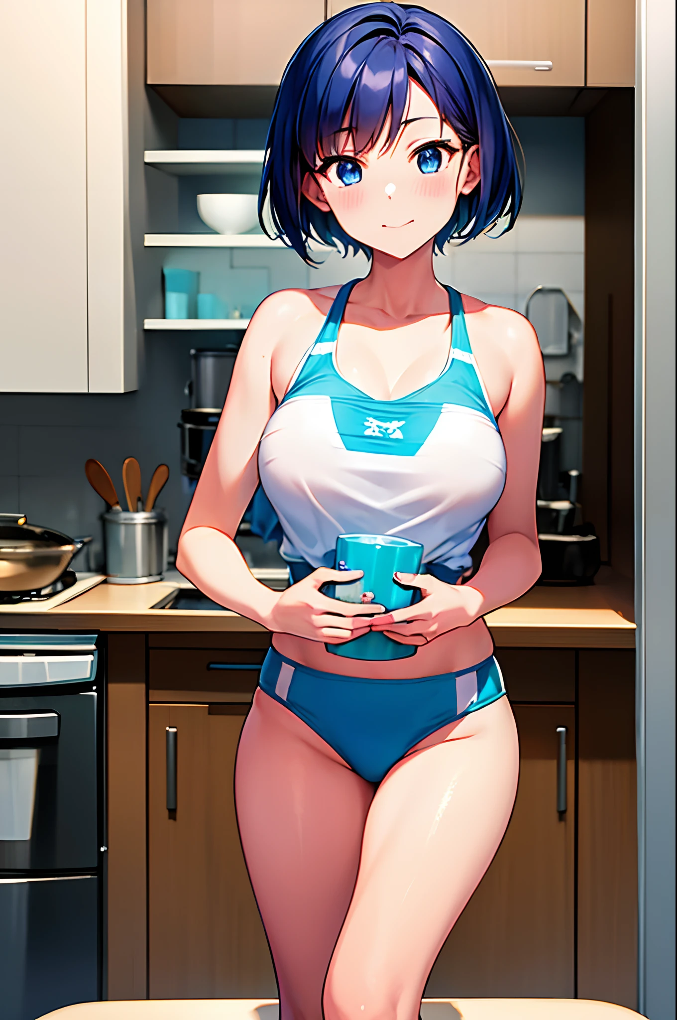 (manga), Cute, A  girl, Short hair, Huge blue eyes, Young, fit body, Front gaze smiling and embarrassed, stands, in a kitchen