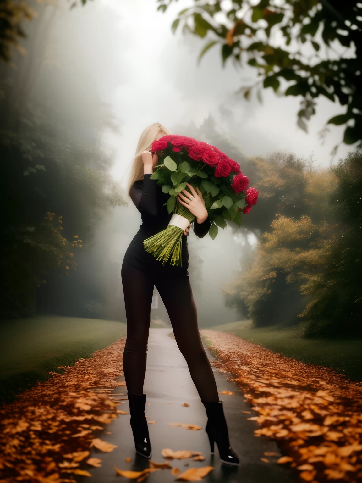 Beautiful woman with flowing blonde hair, black dress, Commercial shampoo, foto realista