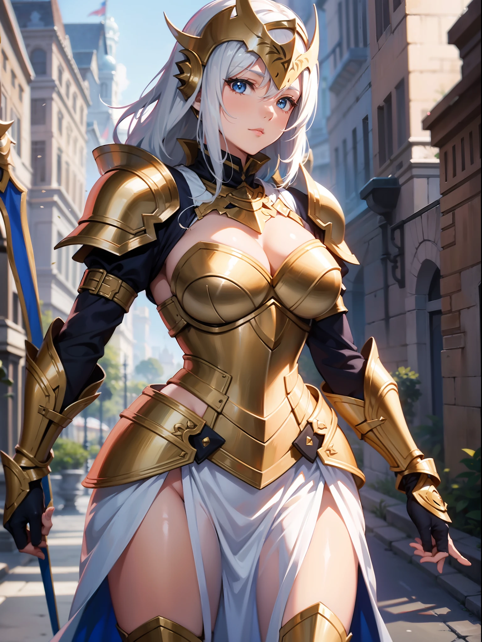 Personaje de anime vestido con armadura que sostiene una espada y un escudo, gorgeous female paladin, Pesada armadura blanca y dorada, Cushart Krenz Key Art Femenino, female paladin, Chica armadura, portrait of female paladin, Intrincada armadura blanca y dorada, Vestido con armadura ligera, Caballero femenino, de una hermosa caballero femenina, hermosa armadura