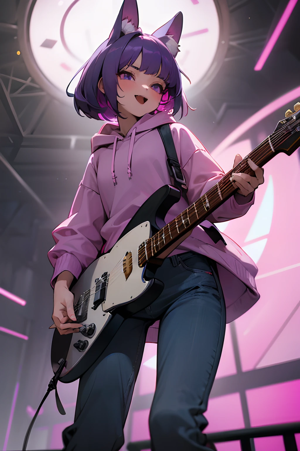 Bonnie wears a costume that makes her look like a purple rabbit., on stage he carries a guitar. He has reddish eyes and purple ears..
half of his face is missing, revealing the face with red eyes, he is missing his left arm, a piece of suit in the hand and on the left foot.
