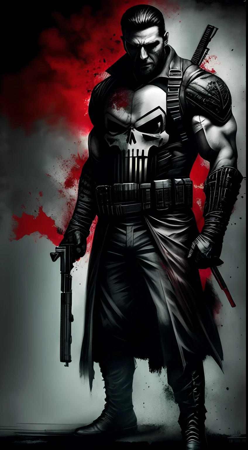 A strong and sensual male punisher with a gun, in the style of chalk and charcoal printing, dark emerald and red, distorted and fractured, master of shadows, marine painter, ink-washed, gothcore, character studies.