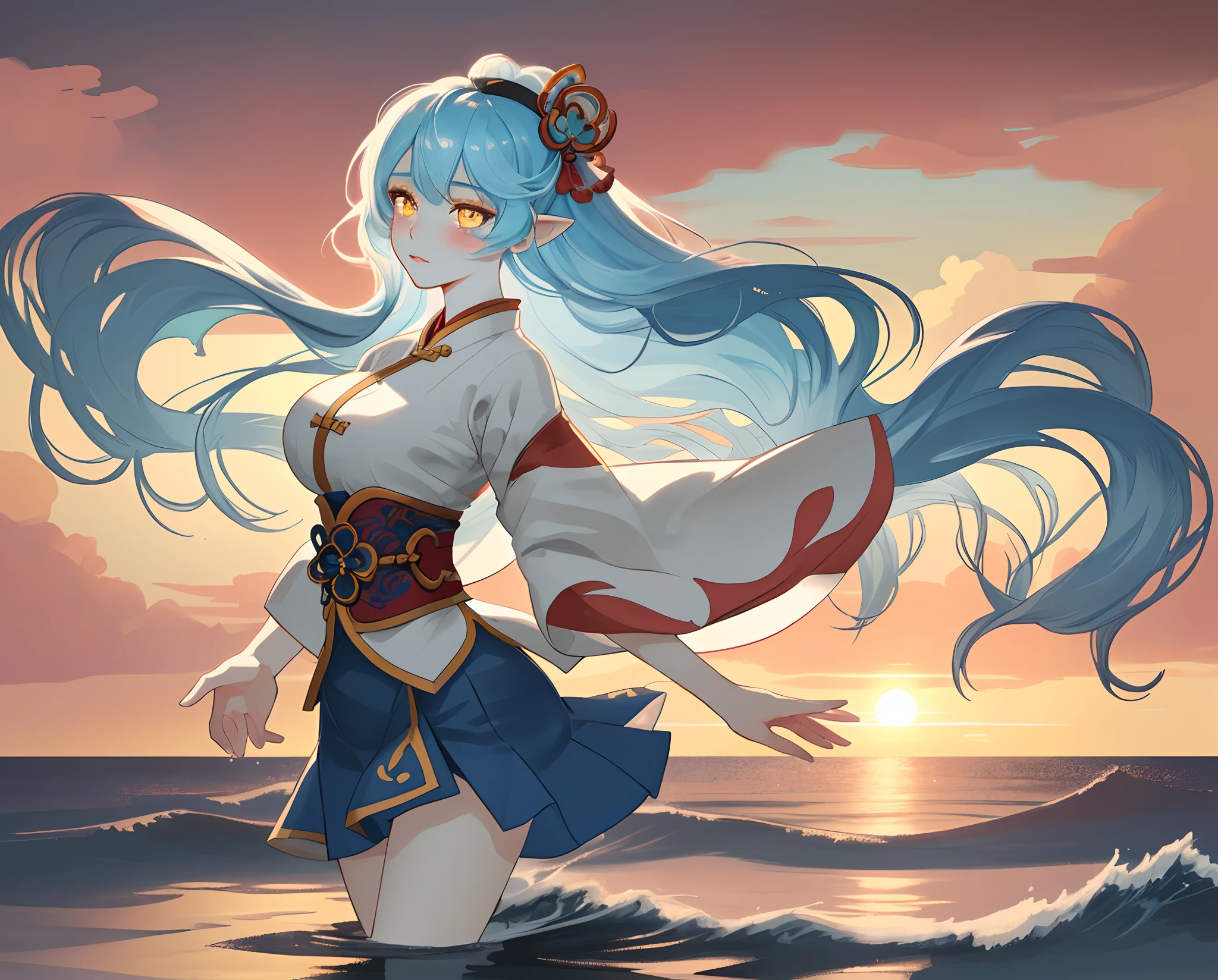 1个Giant Breast Girl，calm expression，mesmerizing eyes，Flowing skirt，A calm posture，Porcelain-like skin，Subtle blush，（edge lit）：1.2，a warm color palette，sunflare，soft shade，vivd colour，painterly effect，Fantastic atmosphere BREAK scenic seaside，Calm water surface，Reflectors，Sunlit clouds，tranquil ambiance，Idyllic sunsets，ultra - detailed，offcial art，统一 8k 壁纸，From mobile games《onmyoji》light blue  hair，Hair is like ocean waves。Linghai Goldfish Hime，Big anime eyes，yellow eyes，Ultra-delicate eyes，M bangs，Pointy ears，clothing in dark blue colors，short  skirt，Anime comic style