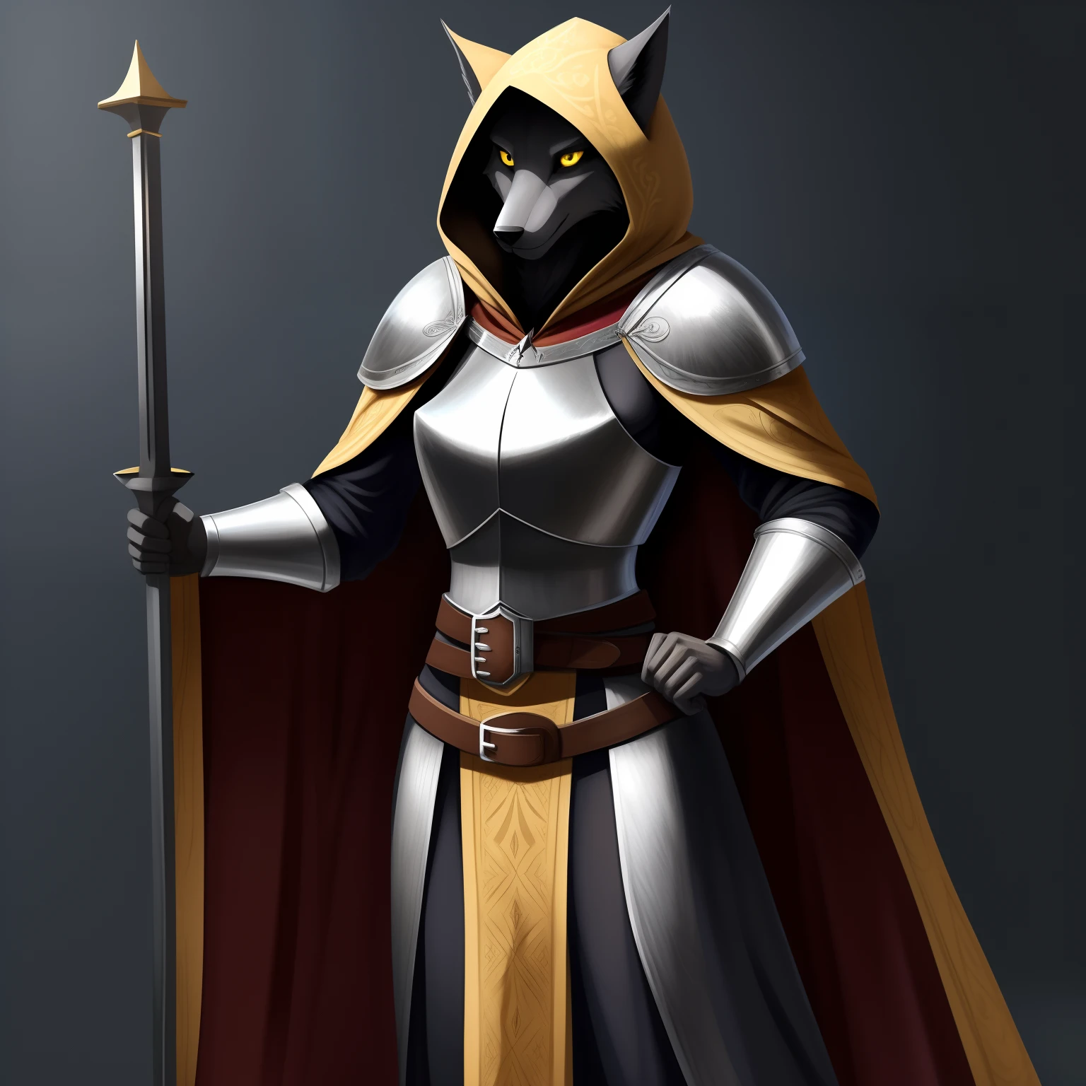 Tall_lanky_muscular_mature_wolf female dark_gray_furry_body yellow_eyes very_fluffy medieval_outfit steel_breastplate warhammer belt cloak pulled_back_hood solo Masterpiece best_quality absurdres highly_detailed cleanly_drawn_eyes anthro_only
