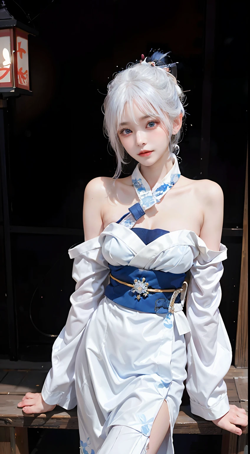 cute、woman、A hairstyle with all hair swept back、Odd Eye、Silver hair back、Her hair is shoulder-length、Increase the wide angle、Clear Eyes、White and blue magic costume、mini skirt、(Inside the Royal Palace).