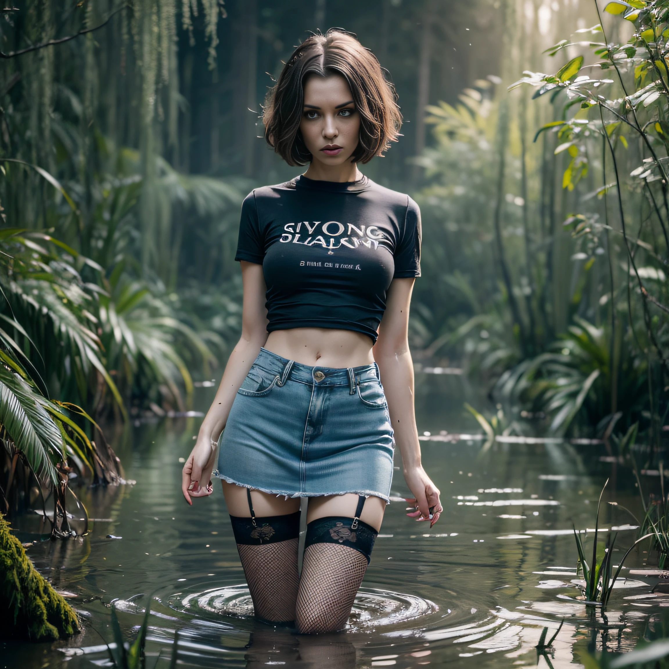 "(Best Quality,hight resolution:1.2),The woman, sophisticated,elongated face,,,,gray eyes,Expressive wrinkles,Bob haircut,Short denim skirt,tshirt,dark lace stockings with garters, standingn, ( drowning in a swamp:1.2),long eyelashes,expression of despair,Dark and moody lighting, terror. The pose expresses panic and awkwardness. breaks taboos"