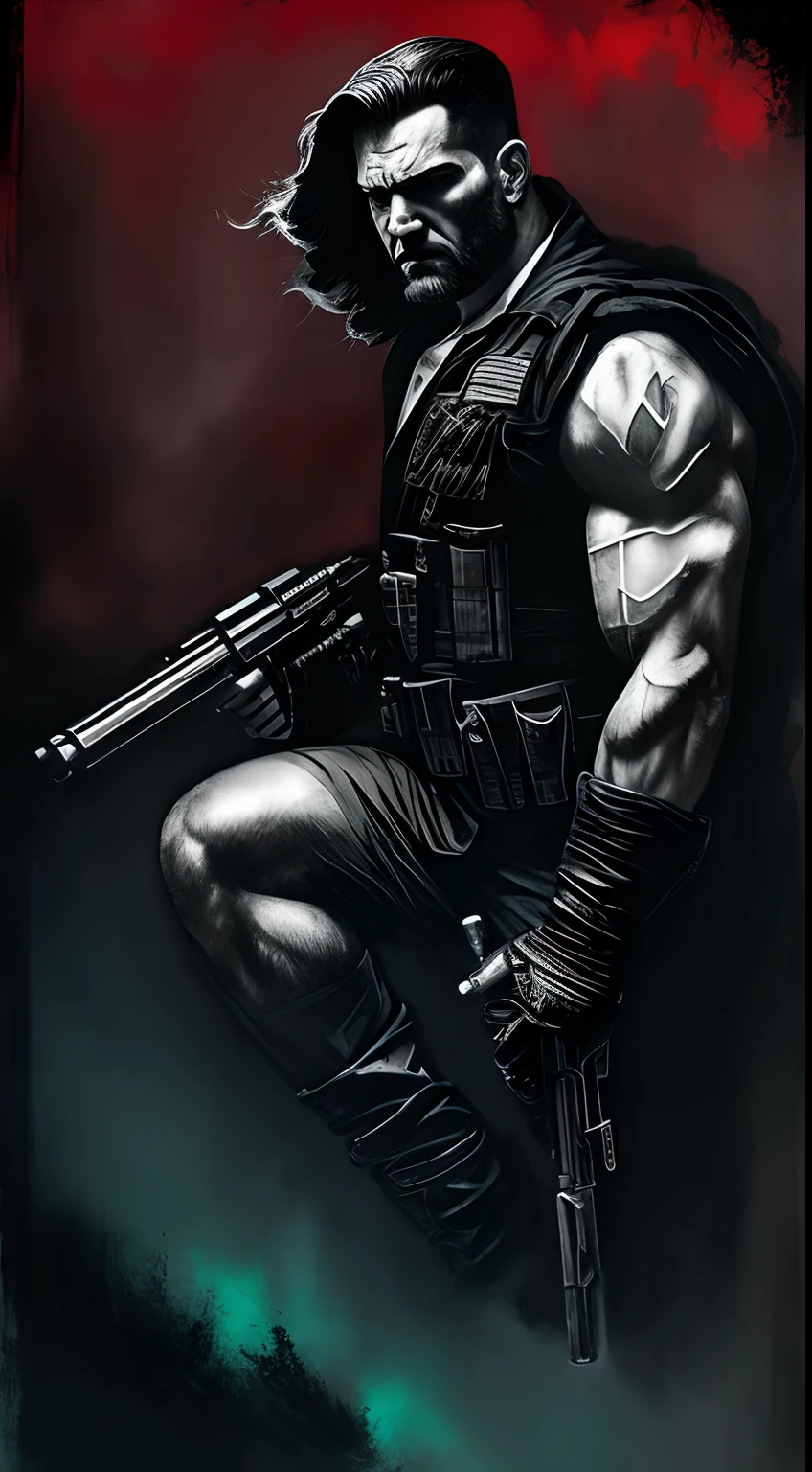 A strong and sensual male punisher with a gun, in the style of chalk and charcoal printing, dark emerald and red, distorted and fractured, master of shadows, marine painter, ink-washed, gothcore, character studies.