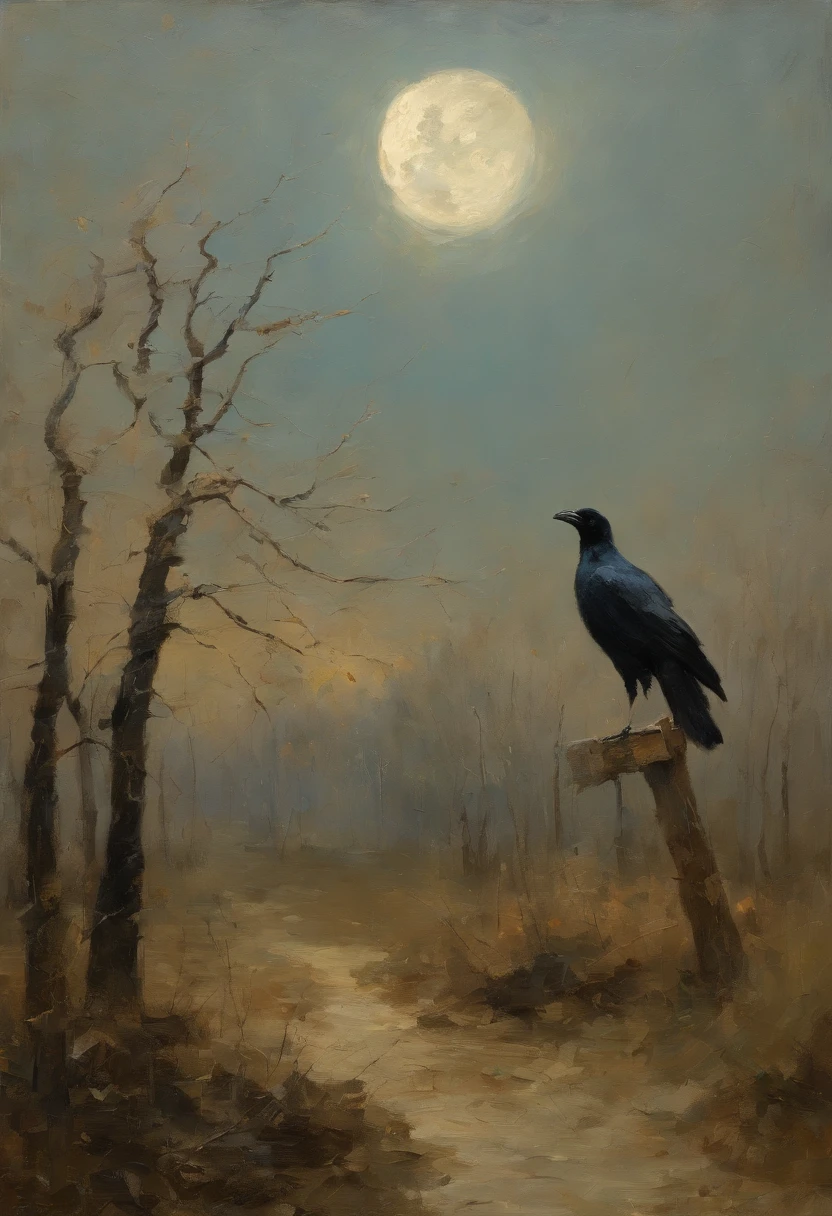 (best quality,4k,8k,highres, old masterpiece:1.2), palette knife, impressionism, Childe Hassam, Ramon Casas, John Atkinson Grimshaw, Frederic Remington, White moonlight with a hint of blue, muted colours, faded look, aged, (A crow flying through the night sky against the moon backdrop) depth of field, grainy
