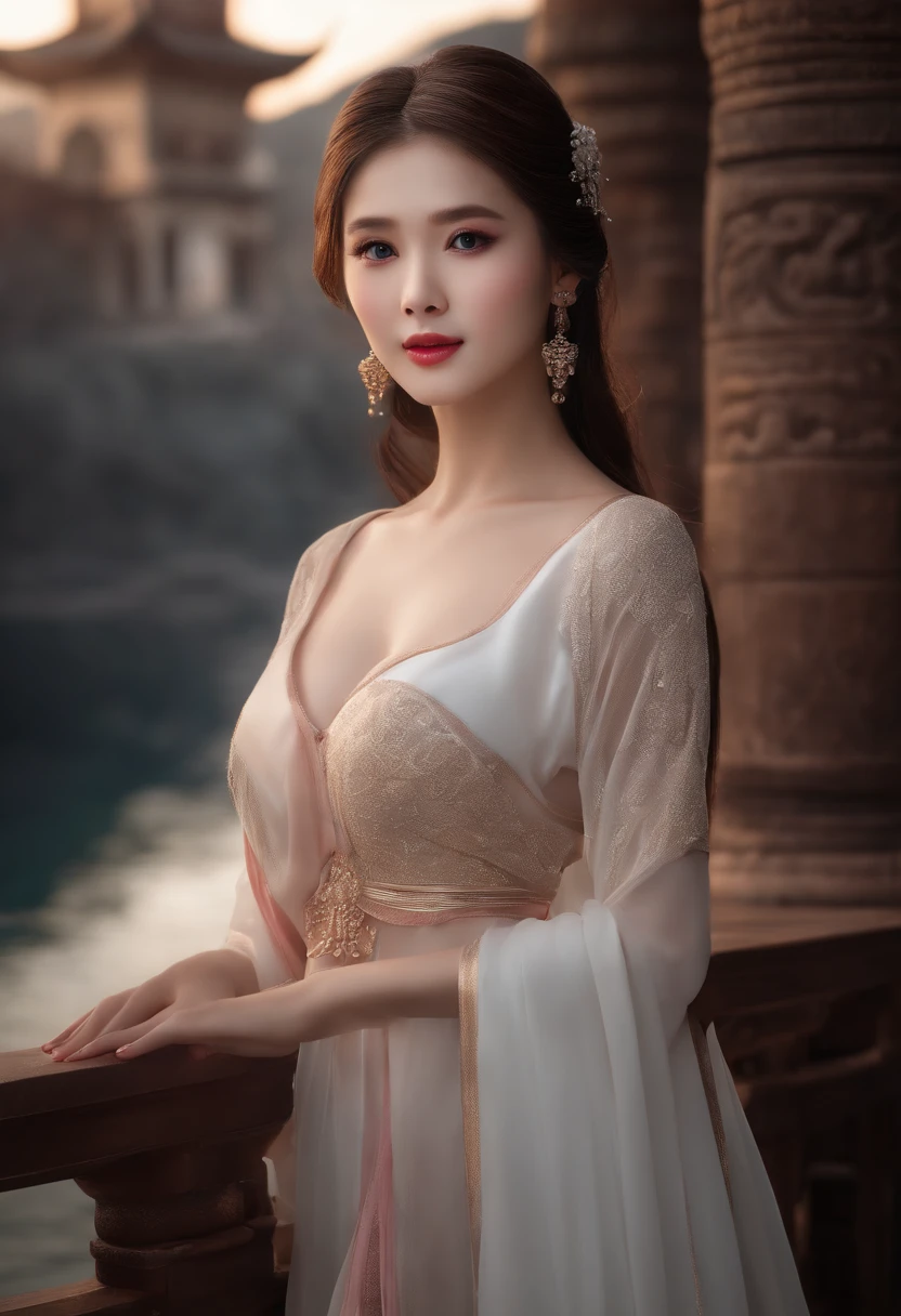 (Best Quality: 1.3, Masterpiece: 1.3), Ultra HD, (1girl, solo), atmospheric perspective, detailed face, upper body, makeup, pink lips, cleft lip, shiny skin, (brown hair), super long hair, Looking at In front of the audience, red eyes, earrings, small breasts, slim body, (white silk), (((((East Asian architecture, riverside, beautiful background))), perfect lighting, (frontal lighting), physically based rendering,