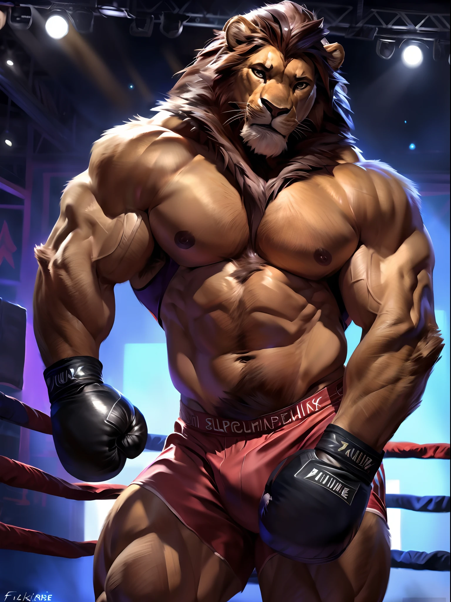 fooound it: muscular anthro lion wearing boxing gloves. 4k, high resolution, best quality, perfect colors, perfect shadows, perfect lighting, posted on e621, furry body, solo, anthro lion, mane, body hair, older, male, adult, masculine, (heavily muscular, large muscles buff:1.2), bare torso, correct anatomy, (photorealistic fur, detailed fur, epic, masterpiece:1.2), (detailed gym background, nighttime), sexy shadows, (by Taran Fiddler, by Chunie, by Kusunagi, Bonifasko lighting), (boxing shorts:1.2), (detailed eyes:1.2), sweaty:2, sweat:1.2, shiny fur, posing for the camera, bodybuilder, confident, large muscles, sexy, full body, boxing gloves, serious facial expression