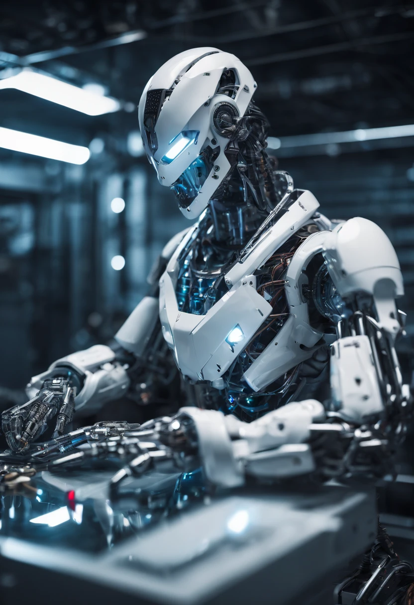 A boy building his white armor, in his white technological workshop