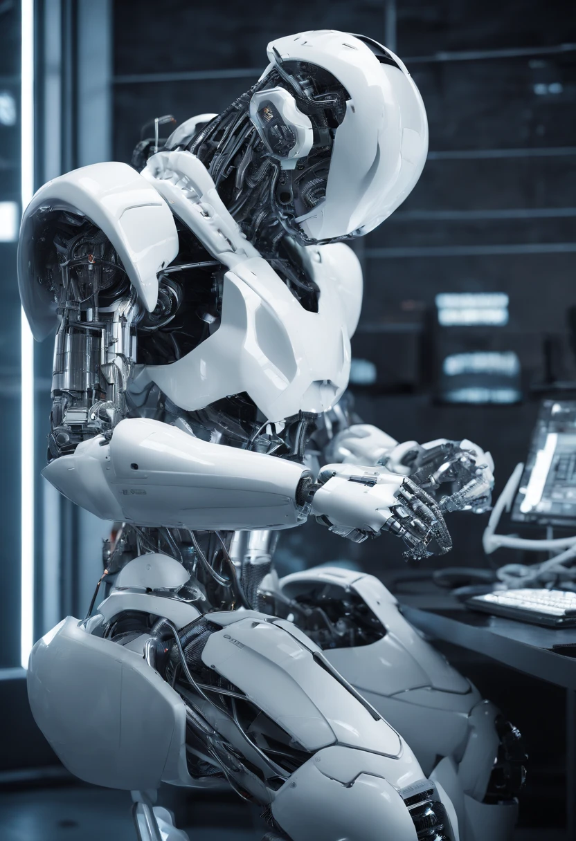 A boy building his white armor, in his white technological workshop