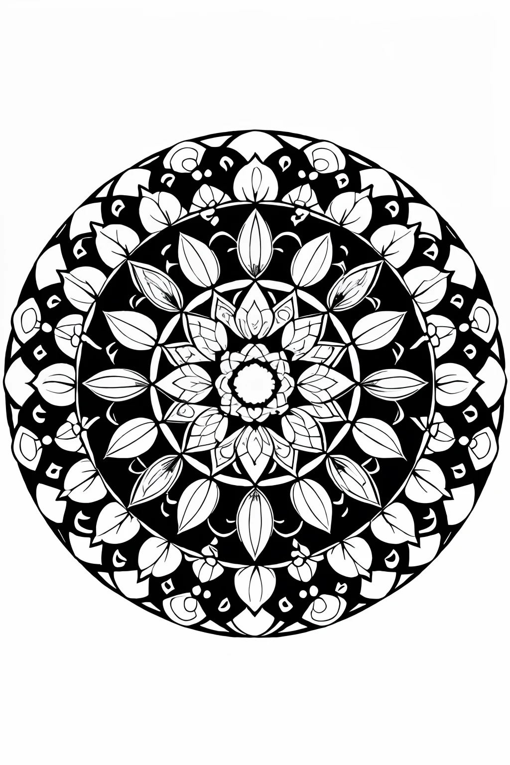 coloring book、a Mandala、tulips、black-and-white、illustratio、White background