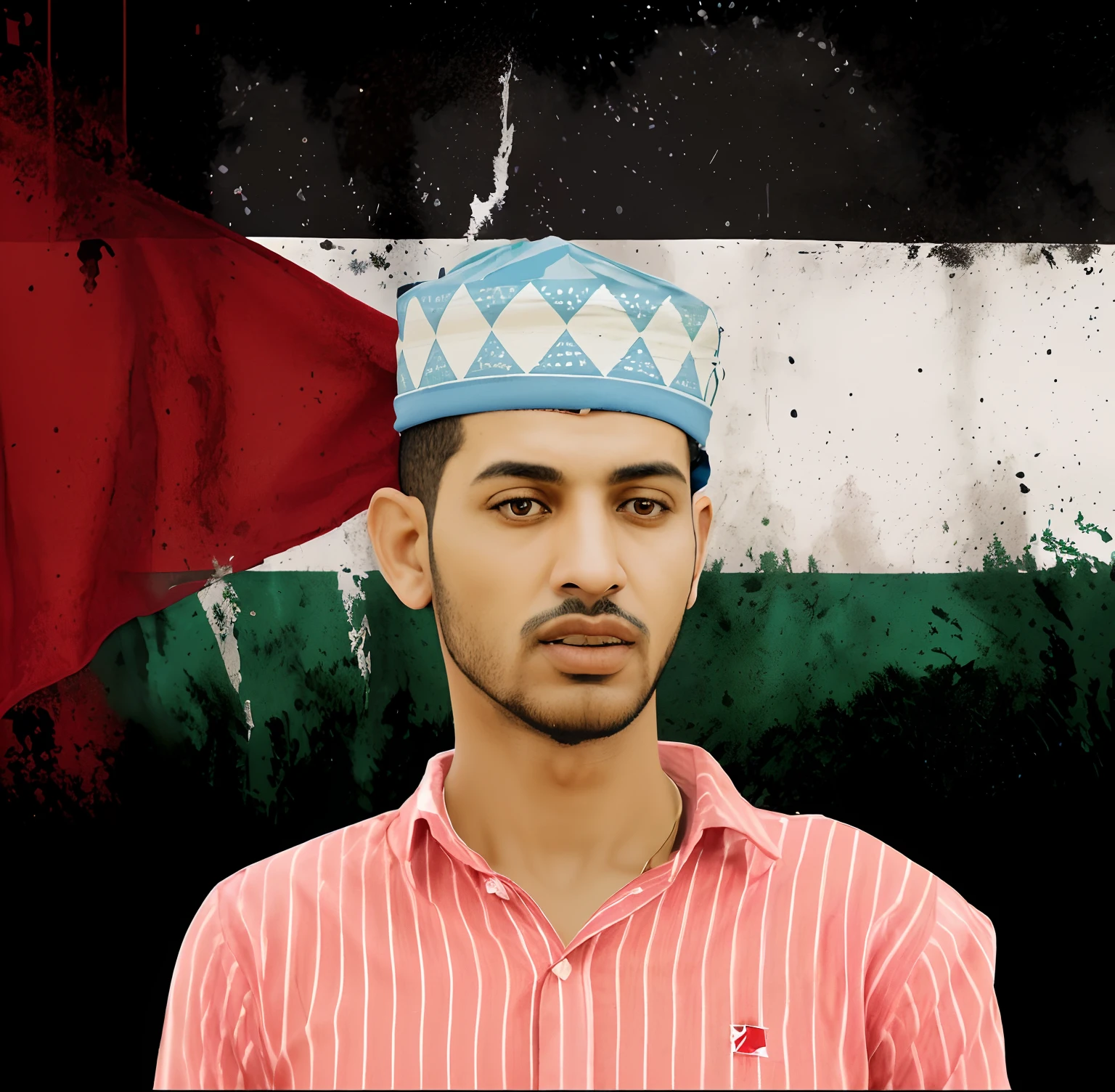 a man in a red shirt and a blue hat with a palestine flag on it, mohamed chahin, mohamed reda, riyahd cassiem, inspired by Abdullah Gërguri, shabab alizadeh, portrait of bedouin d&d, maximus jacobs, inspired by Sheikh Hamdullah, inspired by Ahmed Yacoubi extremy make cgi