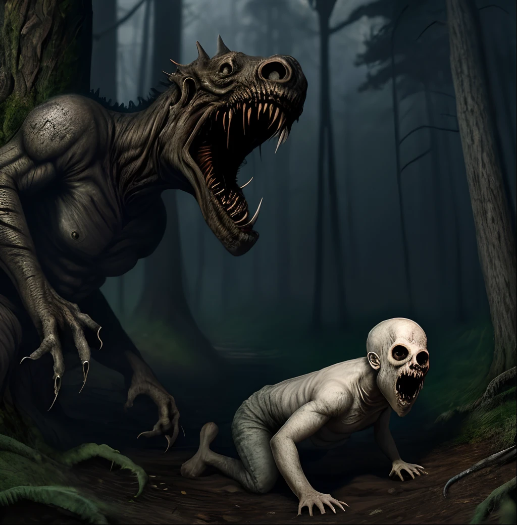 Drake crawling away screaming from a a scary monster in the woods