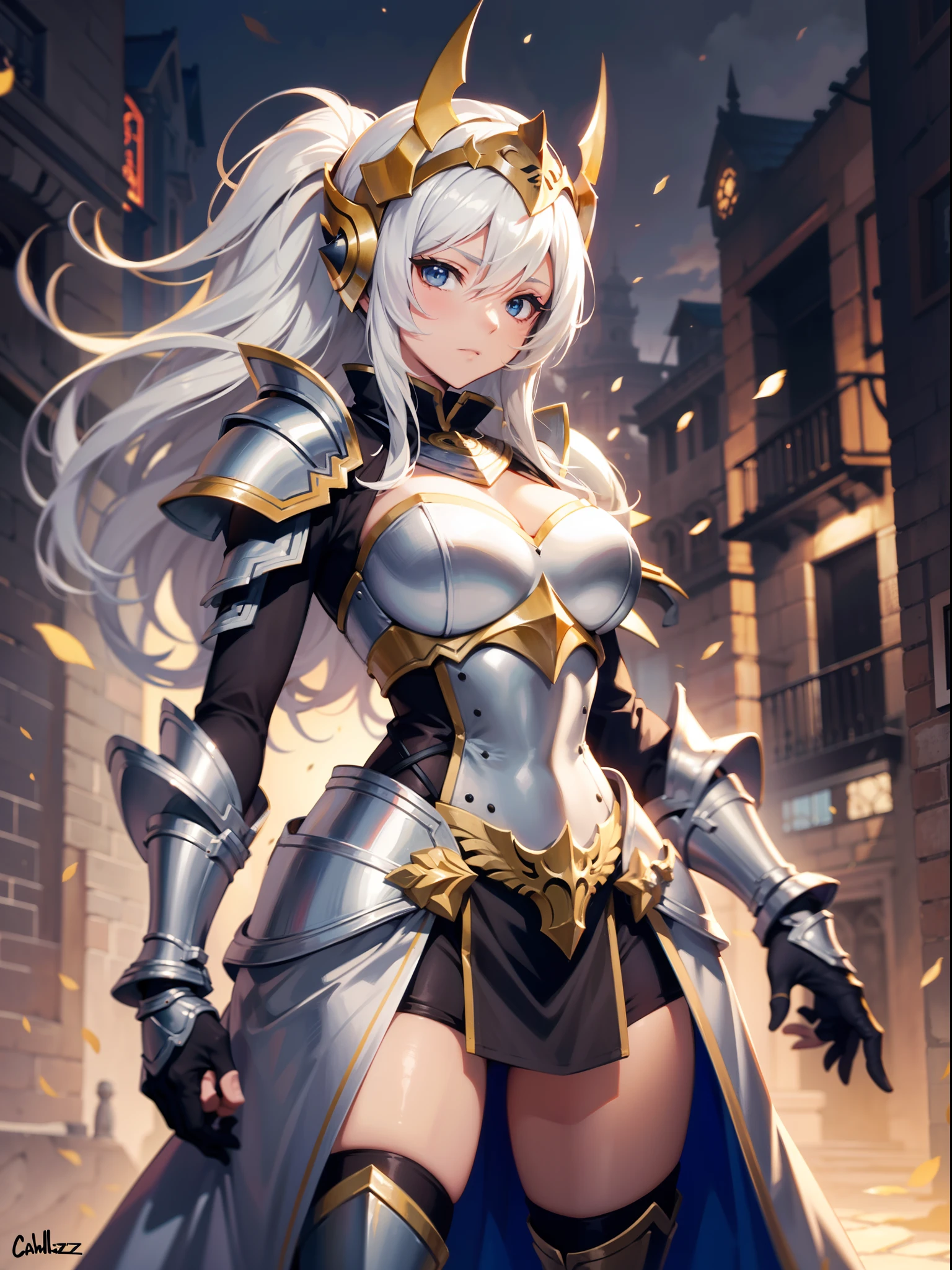 Personaje de anime vestido con armadura que sostiene una espada y un escudo, gorgeous female paladin, Pesada armadura blanca y dorada, Cushart Krenz Key Art Femenino, female paladin, Chica armadura, portrait of female paladin, Intrincada armadura blanca y dorada, Vestido con armadura ligera, Caballero femenino, de una hermosa caballero femenina, hermosa armadura