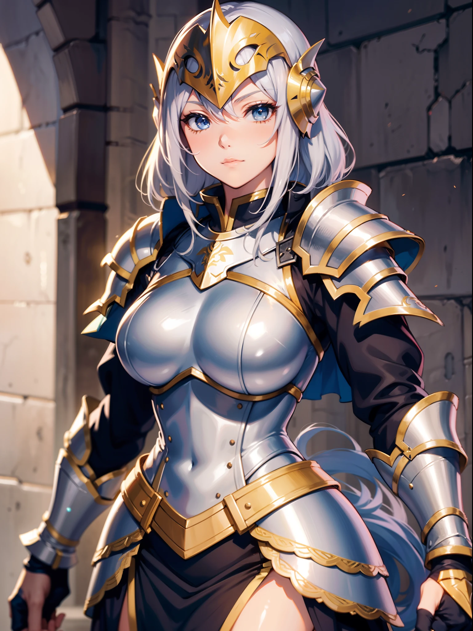 High detailed, 1 girl, gradient colored hair, elf ears, extremely long wild hair, wild hairstyle, serious, sapphire colored eyes, sharp eyes, long earings, big busty, firm plump body, silver armor, soft breastplate, bust framing breastplate, silver armor, pointed shoulder pads, silver gauntlets, silver belt, gray long skirt, looking to the viewer