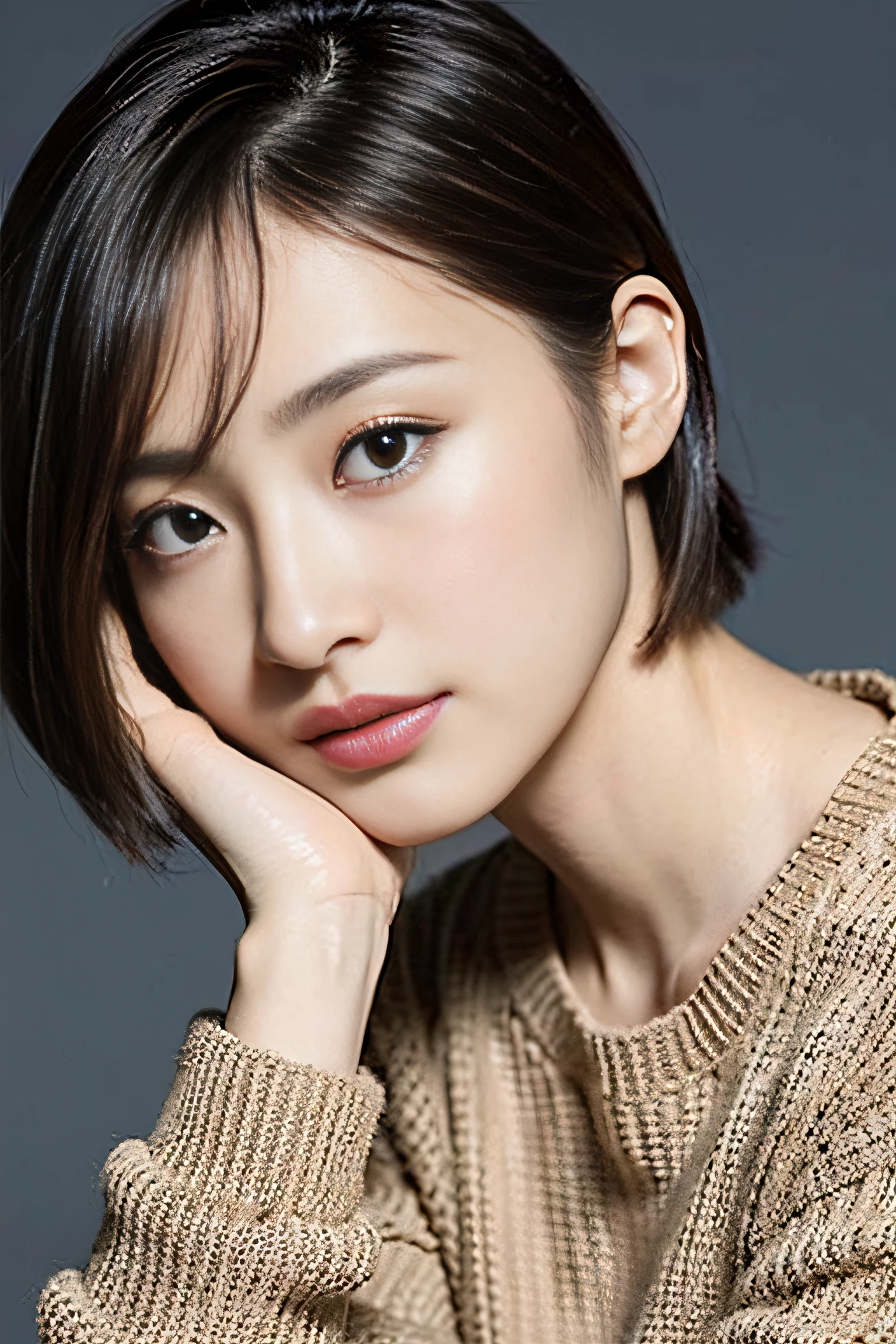 (Best Quality, 8k, 32k, Masterpiece, UHD: 1.2), Japan Beauties, Big, Very Short Bob Hair, Upper Body, Face Focus, Sweater, Simple Background, Watch Viewers