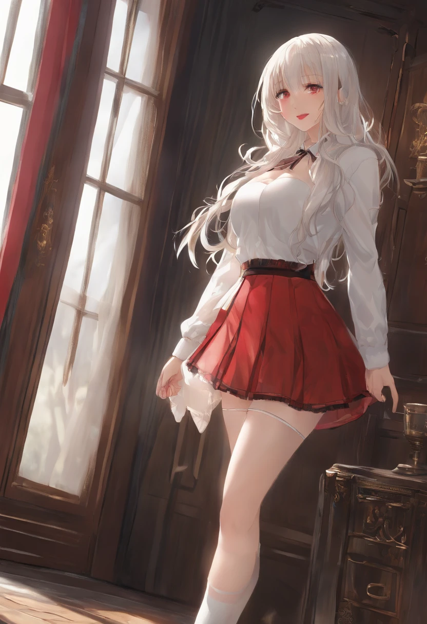 NSFW、​masterpiece、Top image quality、high detailing、Detailed beautiful face and eyes、window、(Black adult string panties:1.2)、(BLACK Panties:1.1)、(nighttime scene:1.5)、nighttime scene、(red eyes:1.2)、Delicate interior design、1girl in、(White Thigh Socks:1.2)、(White Long Straight Hair:1.2)、White hair、red blush、(a beauty girl)、Proud smile、blush、angry、(Blunt bangs:1.2)、(huge-breasted:1.1)、Clothed big breasts、Big buttocks、thick thight、a choker、(adult body:1.2)、(Skirt is pulled up:1.4)、Light brown blazer、(Micro Black Check Pleated Skirt:1.2)、(Short skirt:1.5)、(Panties are visible:1.6)、(The navel is visible from the skirt:1.1)、Strong wind from below