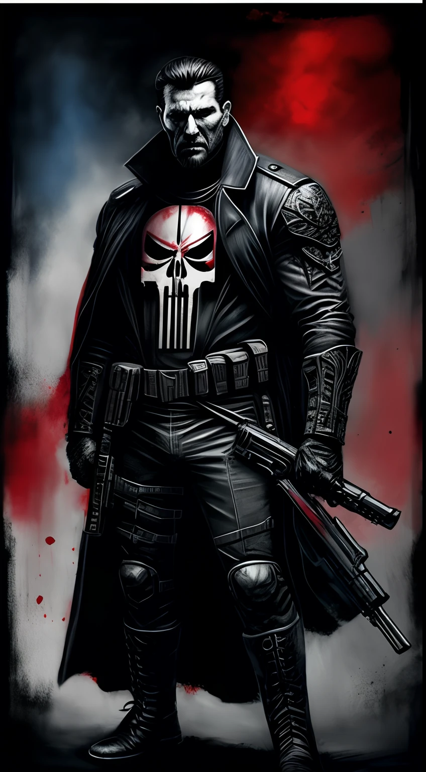 A strong and sensual male punisher with a gun, in the style of chalk and charcoal printing, dark sapphire and red, distorted and fractured, master of shadows, marine painter, ink-washed, gothcore, character studies.