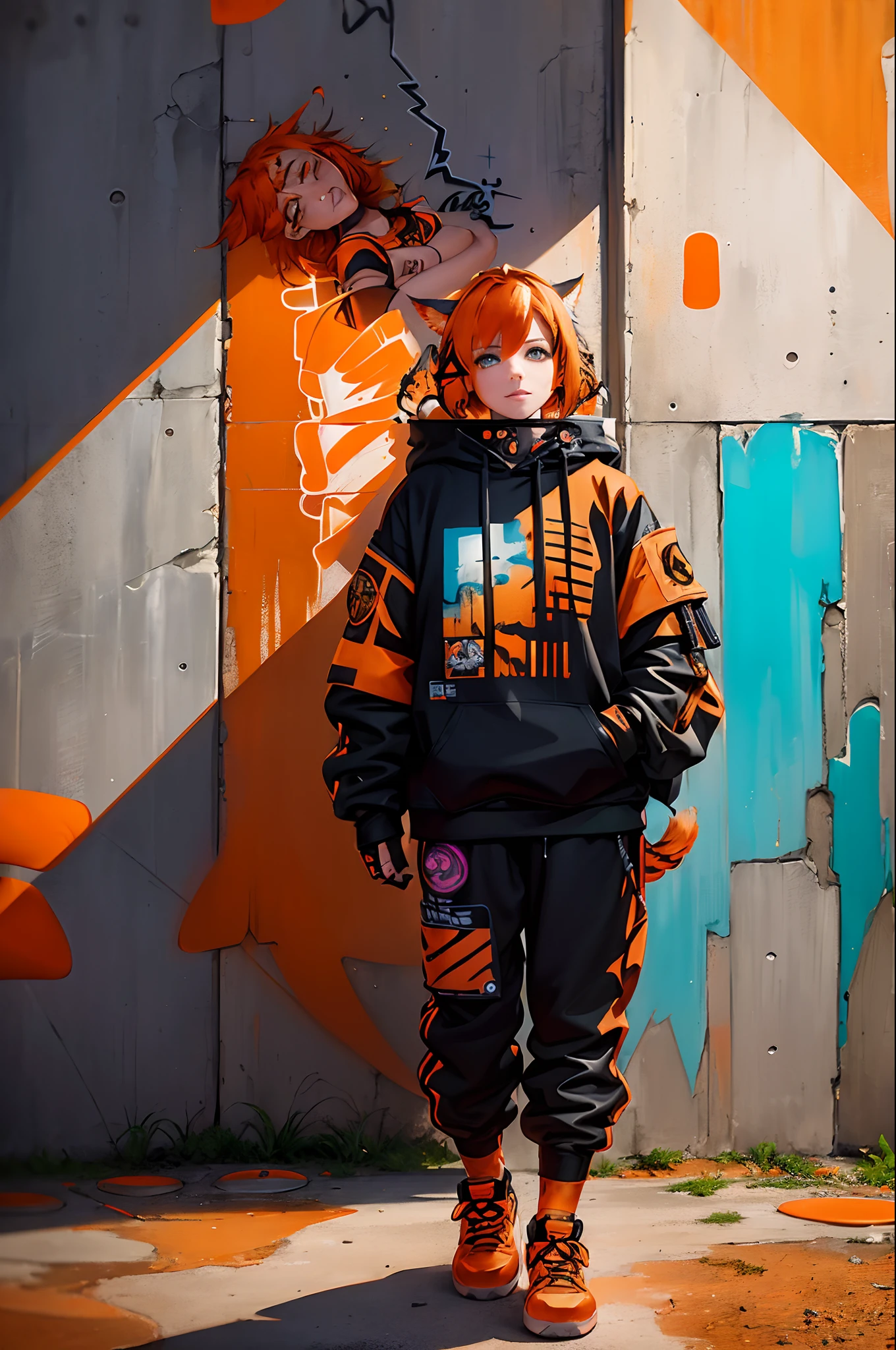 (Masterpiece: 1.2), best quality, (illustration: 1.2), (ultra-detailed), eye focus, (masterfully crafted brightness, pink lens brightness), (cinematic background), hyper details, (delicate detailed), (intricate details), octane render, hdr, (hyperdetailed: 1.15), (color))), (soft light: 1.2), 1woman, (lynx ears: 1.3), (lynx woman), (cat tail: 1.5), beautiful woman, ultra detailed eyes, mature, fat, thick, rainbow paint drops, smiling, ink teardrops, woman made of paint, entirely paint, splat, splash, (out), (bob cut: 1.5), (bright eyes: 1.2), ((makeup)), (cinematic masterpiece), fierce, powerful, absolutely attractive splashes of color, (cinematic lighthouse), (realistic lighting of heels: 1.2), ((caustic)), legs on display, dynamic angle, beautiful detailed brightness, ambient occlusion, ambient light, raytraced reflections, (better lighting, an extremely delicate and beautiful light), ((cinematic light)), (soft: 2), (whimsical:2) , intricate, vibrant, dreamlike landscape, (graffiti painting:1.3), (bright tail), (painted cityscape), (urban),(realistic urban fashion), (expressive:1.2), fitness, athletic, (mirrored world), (long, fluid and messy orange hair:1.1), wavy hair, (orange hair highlights),(Cyberpunk Techwear Japanese Streetwear Longline Hoodie),(Cyberpunk Streetwear Kanji Joggers), bright headphones, cap, (graffiti wall), unfinished graffiti, ghetto,(looking at the wall:2),black hoodie, (back wall present),(holding spraycan:1.3), (colored mist), buckles, belts, straps, a girl in front of a graffiti wall, cyberpunk art, (by LAM), Mika Pikazo, graffiti, techwear jacket, black gloves, with buckle and duct tape, (orange hair:2)