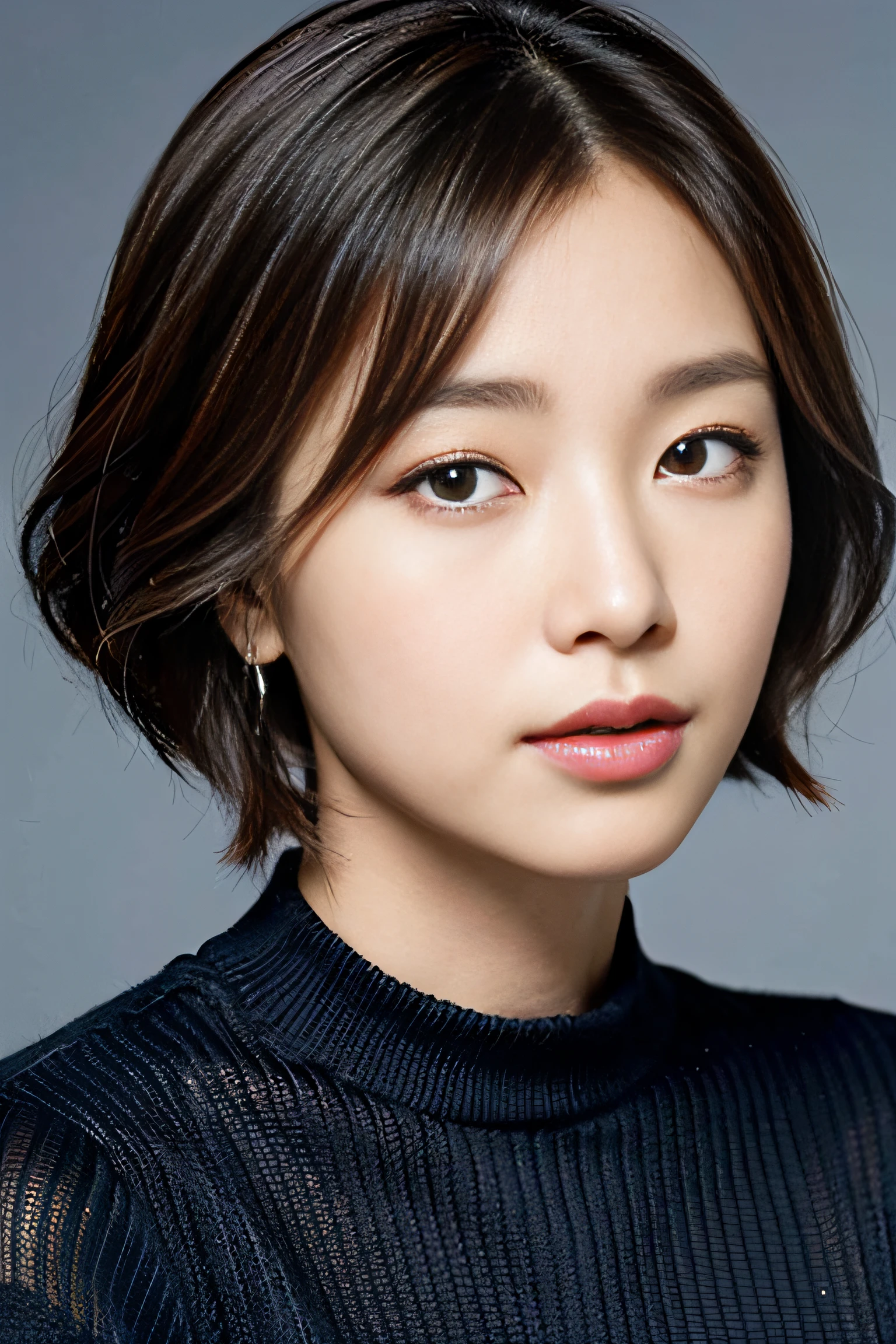 (Best Quality, 8k, 32k, Masterpiece, UHD: 1.2), Japan Beauties, Big, Very Short Bob Hair, Upper Body, Face Focus, Sweater, Simple Background, Watch Viewers