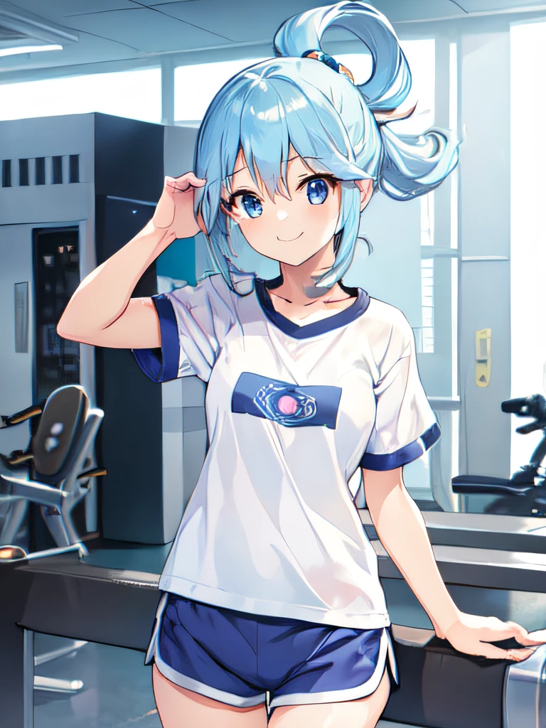 ((masutepiece)), ((Best Quality)), (Ultra-detailed), Anime style, Cute *********** s, 1girl in, Solo, Gym Shorts 00, ((Beautiful eyes))0, Smile,blue hairs