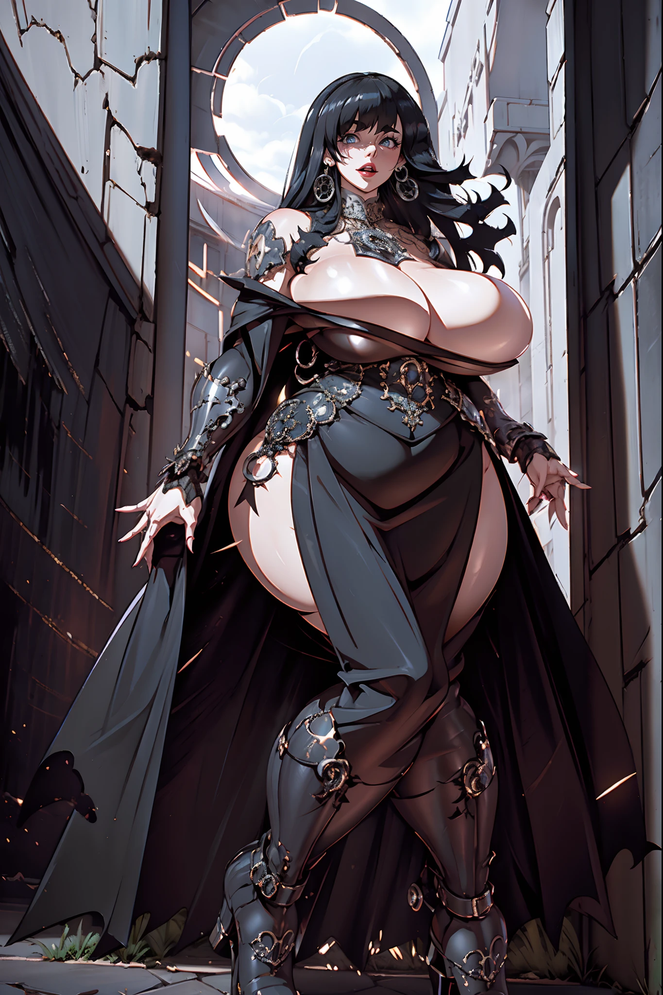 (best quality, ),gothic, milf, huge breast, thicc, black hair, blacklipstic, solo, full body, long skirt, large skirt, black robe, medieval clothing, dark atmosphere, ornate details, dim lighting, dramatic shadows, mysterious aura, intricate lace patterns, porcelain skin, bewitching gaze, elegant posture, majestic presence, flowing silhouette, gothic architecture, candlelit backdrop, hauntingly beautiful, enchanting presence, ethereal ambiance, alluring expression, intense sensuality, exquisite jewelry, supernatural allure, captivating aura, sensual curves, full body, boots, blacklipstic, happy, smile, boots, walking